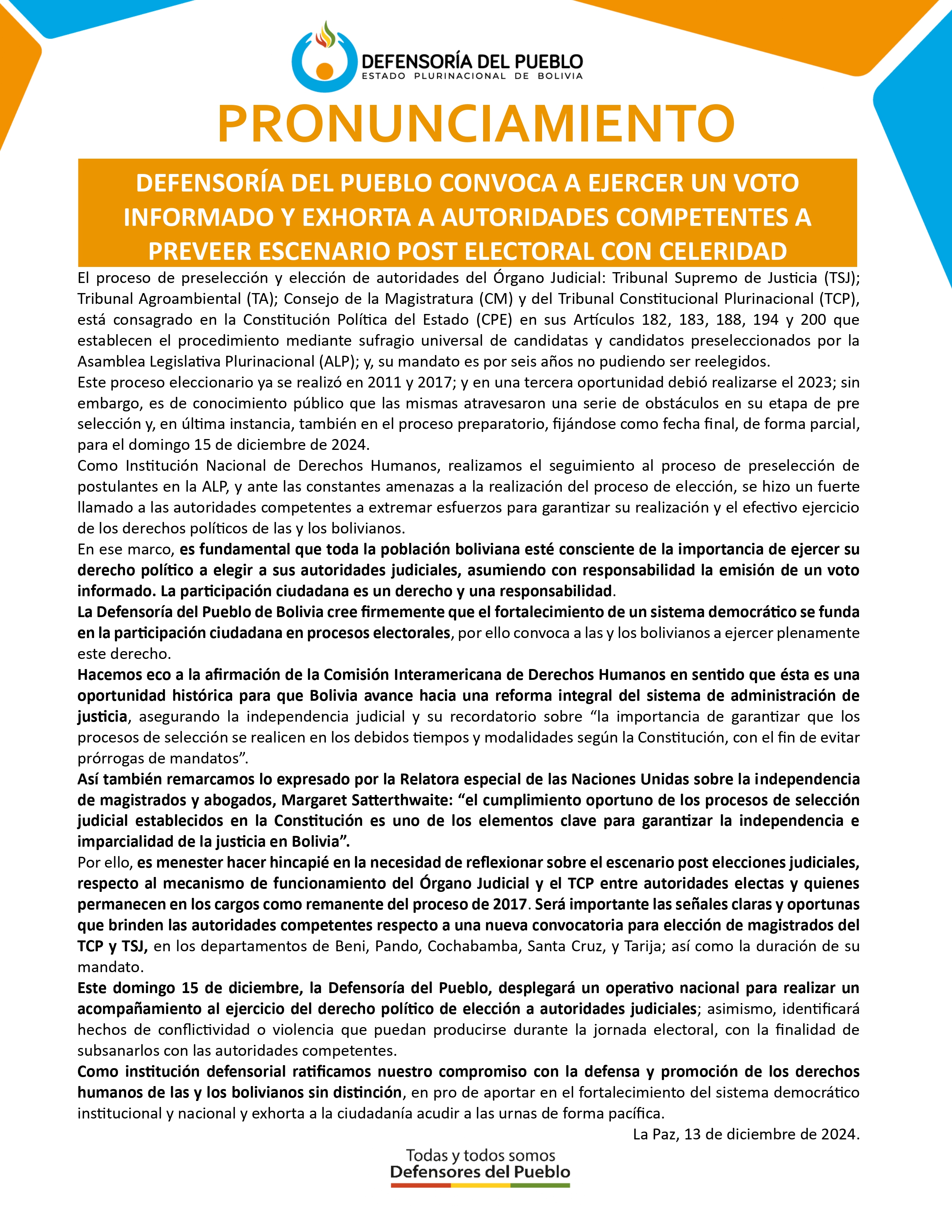 DEFENSORÍA DEL PUEBLO CONVOCA A EJERCER UN VOTO INFORMADO Y EXHORTA A AUTORIDADES COMPETENTES A PREVEER ESCENARIO POST ELECTORAL CON CELERIDAD