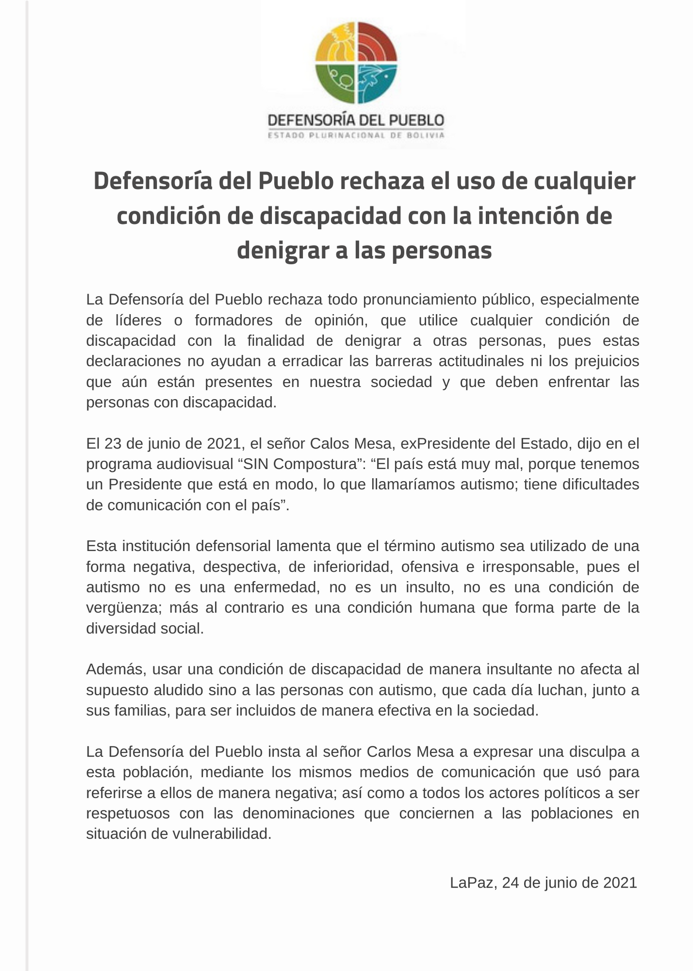 Defensoría del Pueblo rechaza el uso de cualquier condición de discapacidad con la intención de denigrar a las personas