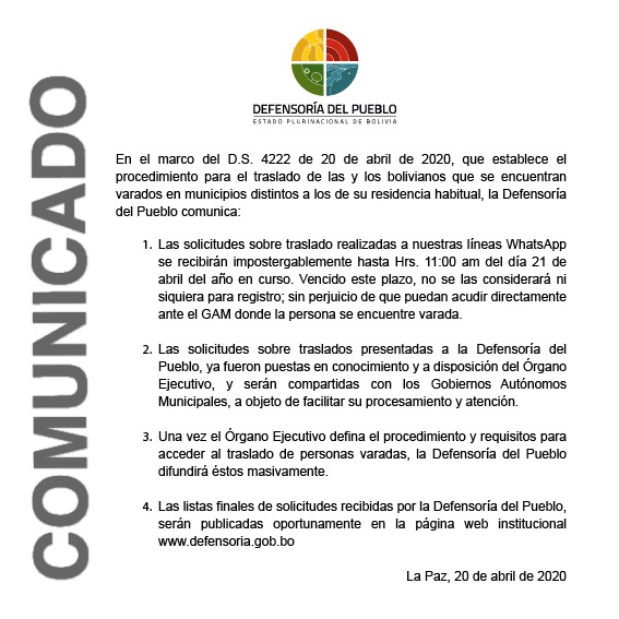 COMUNICADO DEFENSORIAL SOBRE EL TRASLADO DE LAS Y LOS BOLIVIANOS VARADOS EN MUNICIPIOS DEL PAÍS