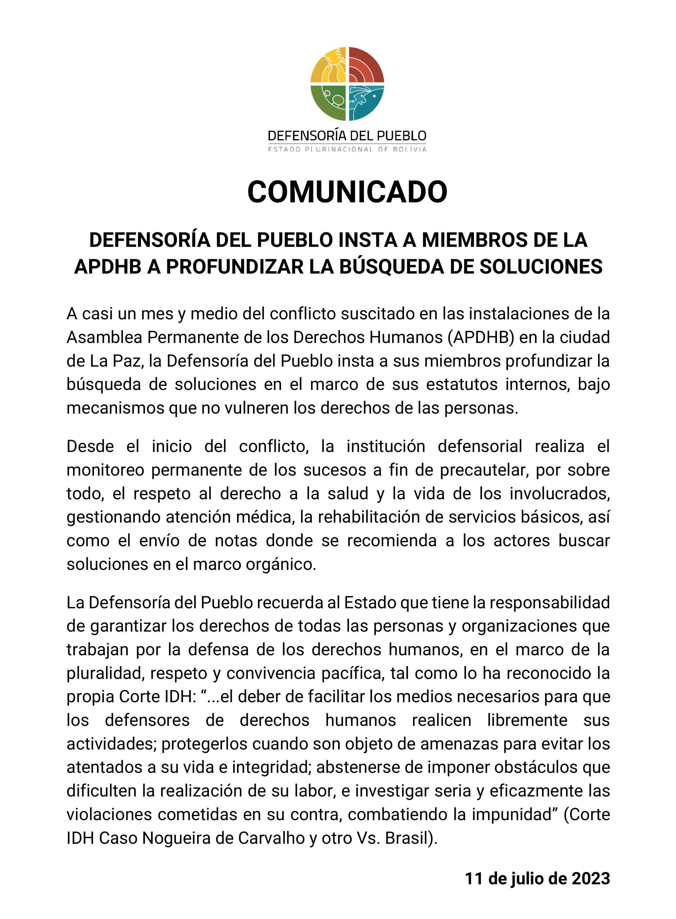 DEFENSORÍA DEL PUEBLO INSTA A MIEMBROS DE LA APDHB A PROFUNDIZAR LA BÚSQUEDA DE SOLUCIONES