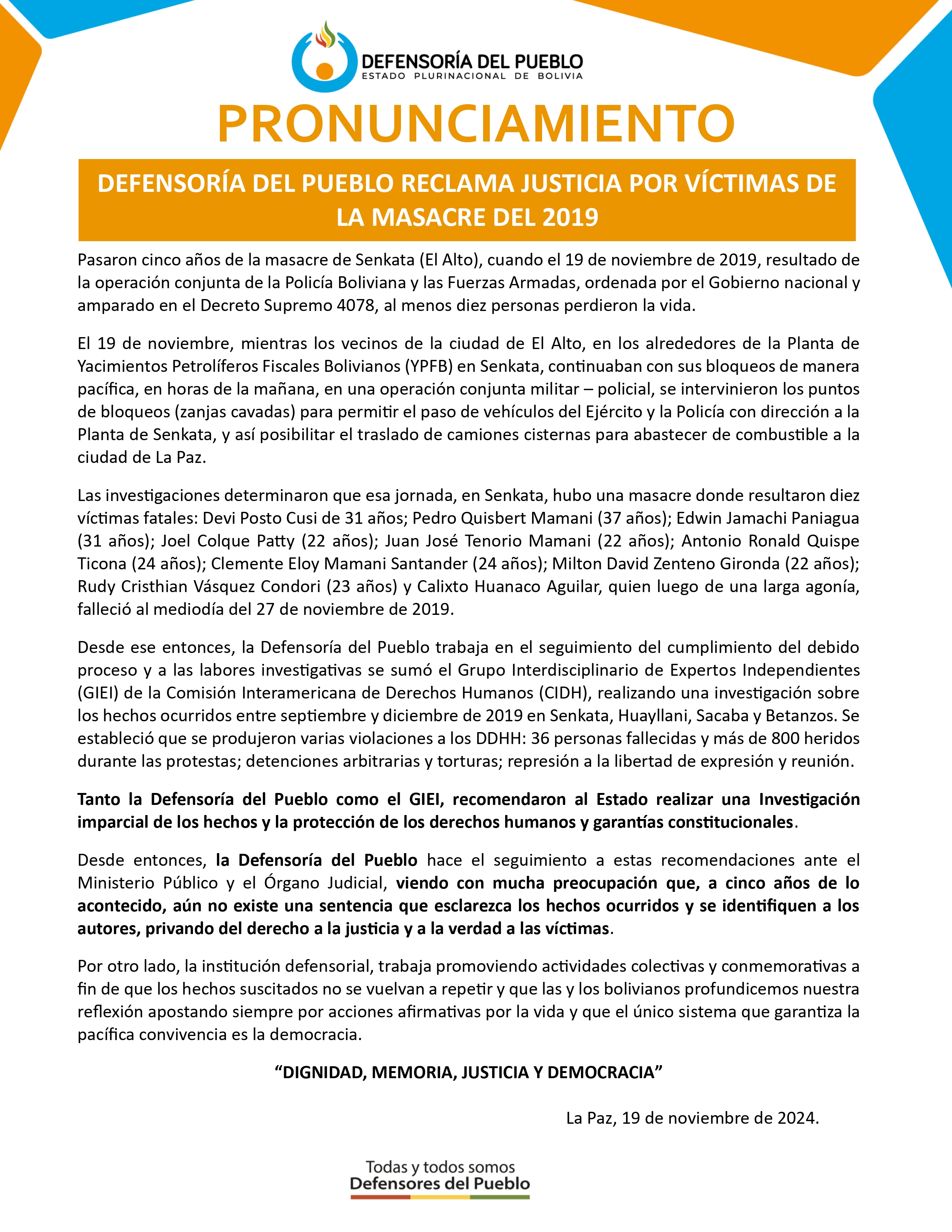 DEFENSORÍA DEL PUEBLO RECLAMA JUSTICIA POR VÍCTIMAS DE LA MASACRE DEL 2019