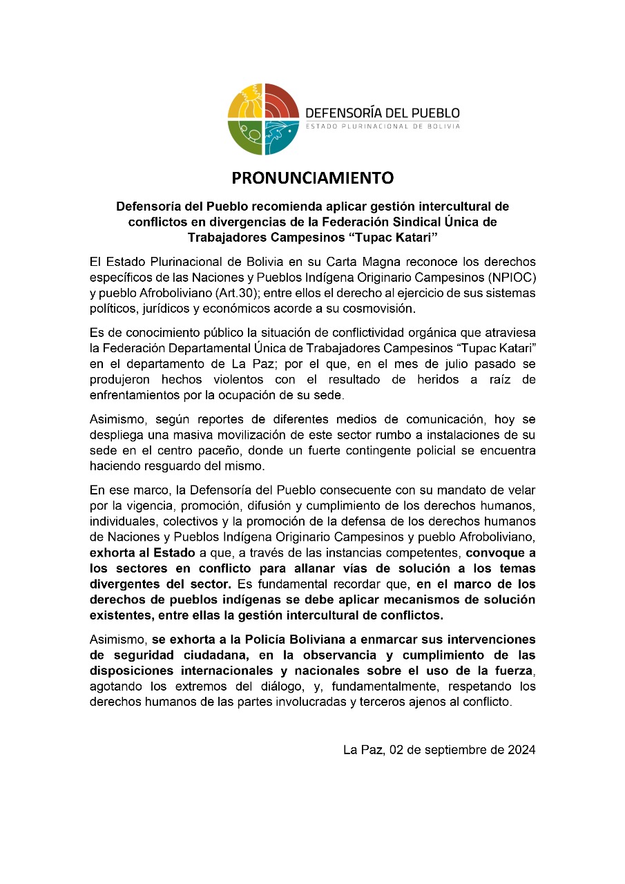 Defensoría del Pueblo recomienda aplicar gestión intercultural de conflictos en divergencias de la Federación Sindical Única de Trabajadores Campesinos “Tupac Katari”