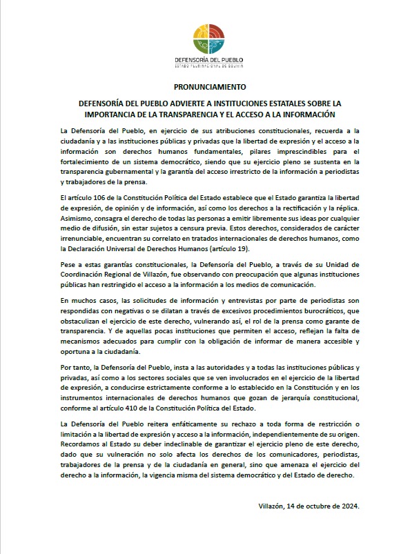 DEFENSORÍA DEL PUEBLO ADVIERTE A INSTITUCIONES ESTATALES SOBRE LA IMPORTANCIA DE LA TRANSPARENCIA Y EL ACCESO A LA INFORMACIÓN