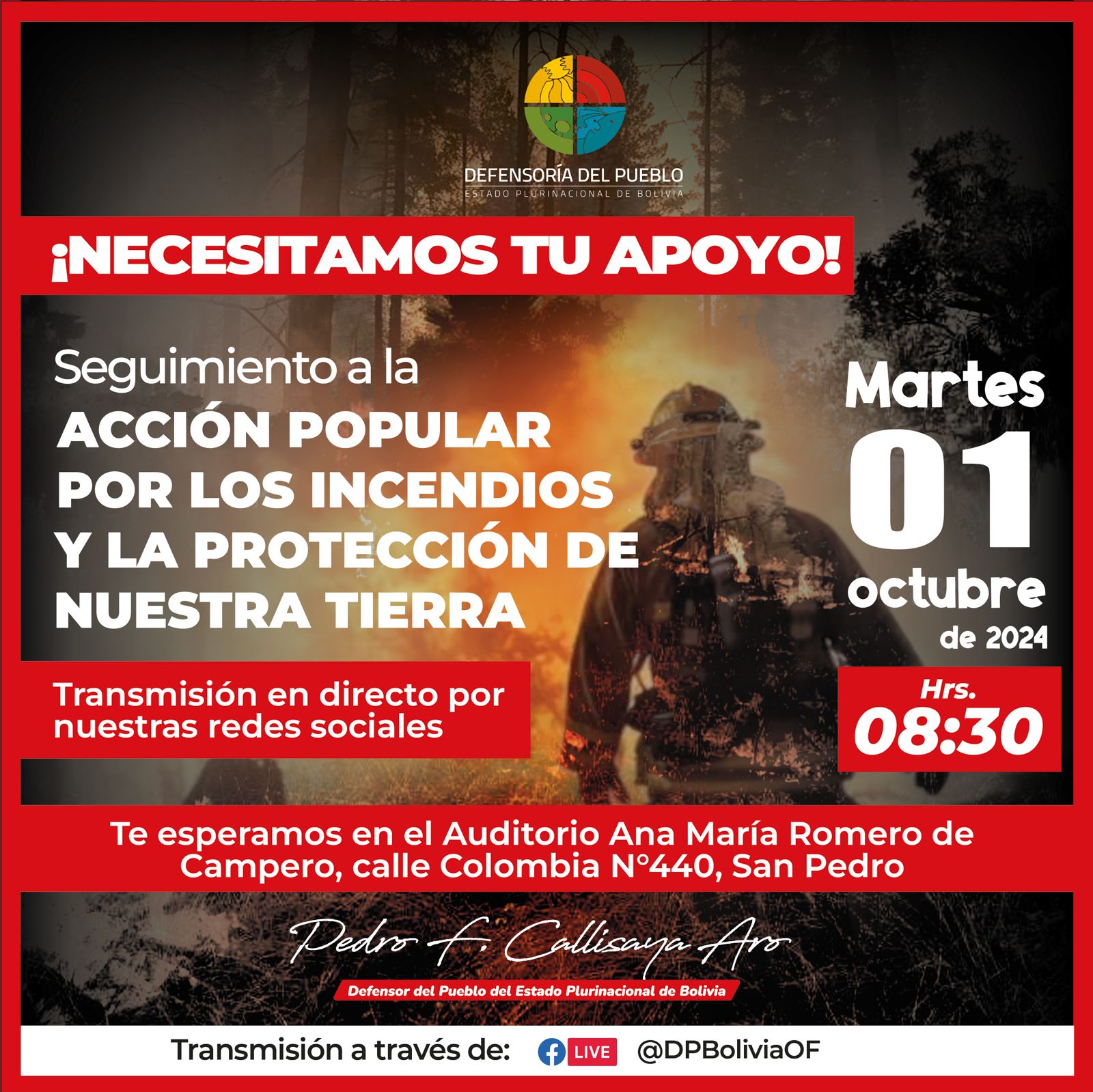 Defensor del Pueblo invita a la población a la audiencia de Acción Popular contra autoridades por incendios forestales