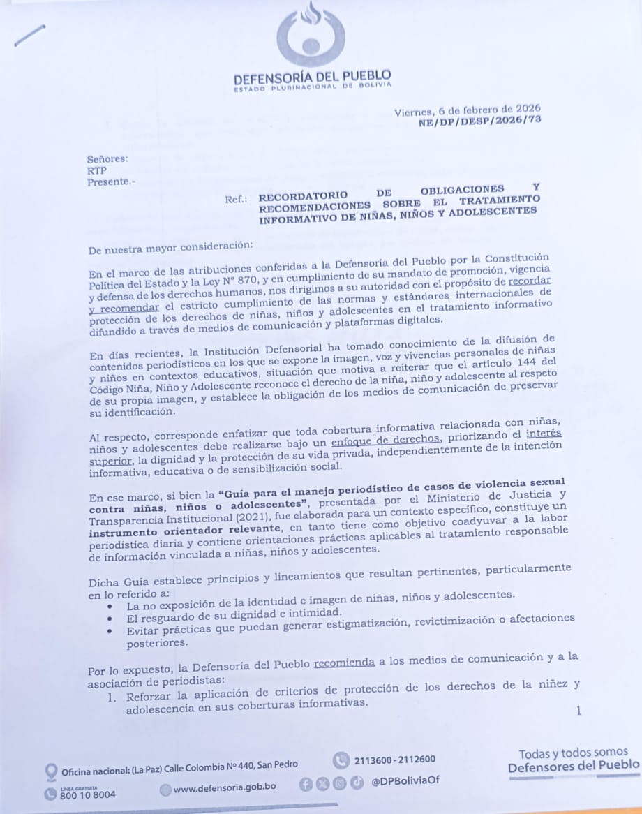 DEFENSORÍA DEL PUEBLO RECUERDA A MEDIOS DE COMUNICACIÓN PROTEGER LA IDENTIDAD E IMAGEN DE NIÑAS, NIÑOS Y ADOLESCENTES