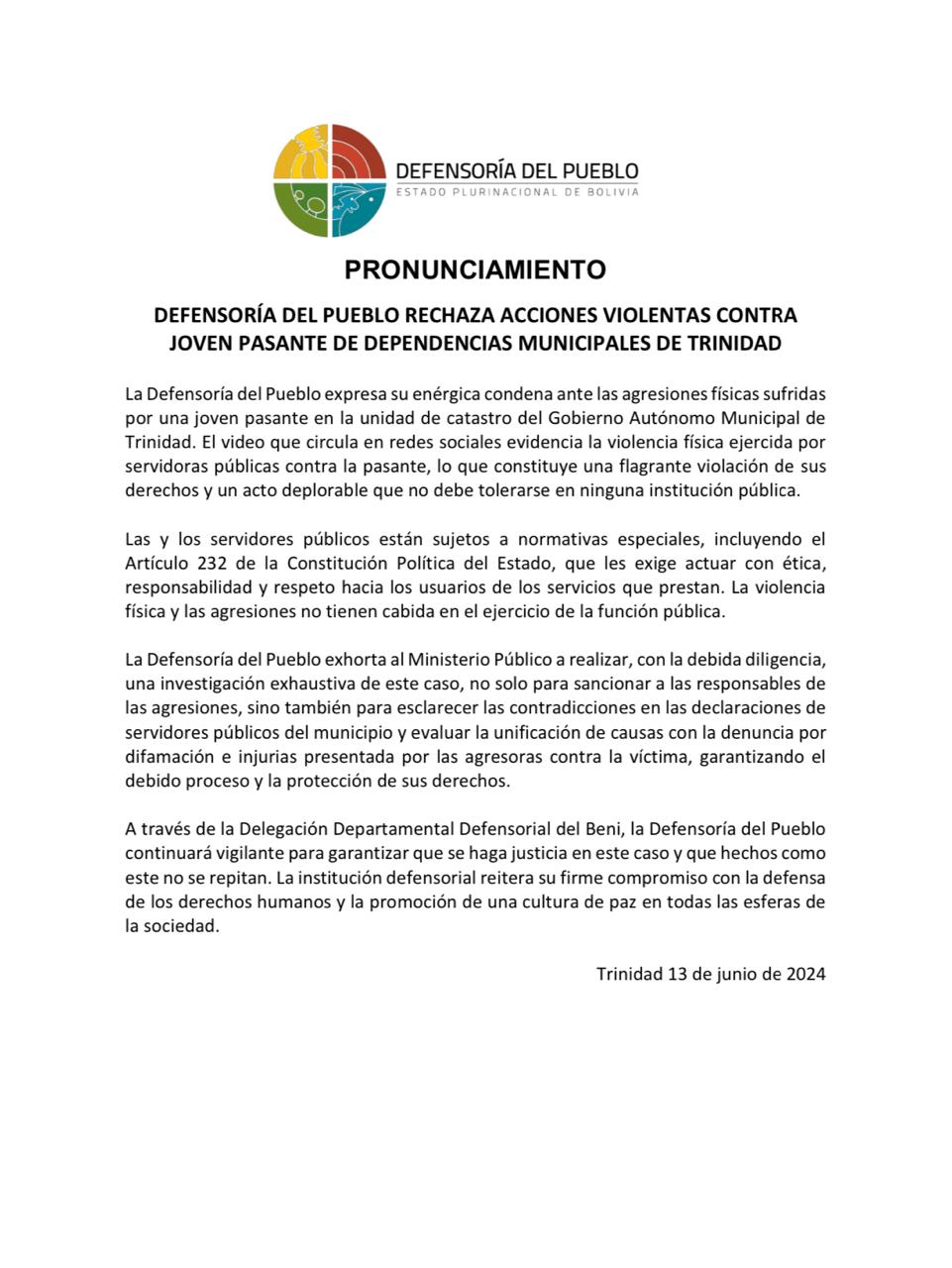 PRONUNCIAMIENTO DEFENSORÍA DEL PUEBLO RECHAZA ACCIONES VIOLENTAS CONTRA JOVEN PASANTE DE DEPENDENCIAS MUNICIPALES DE TRINIDAD