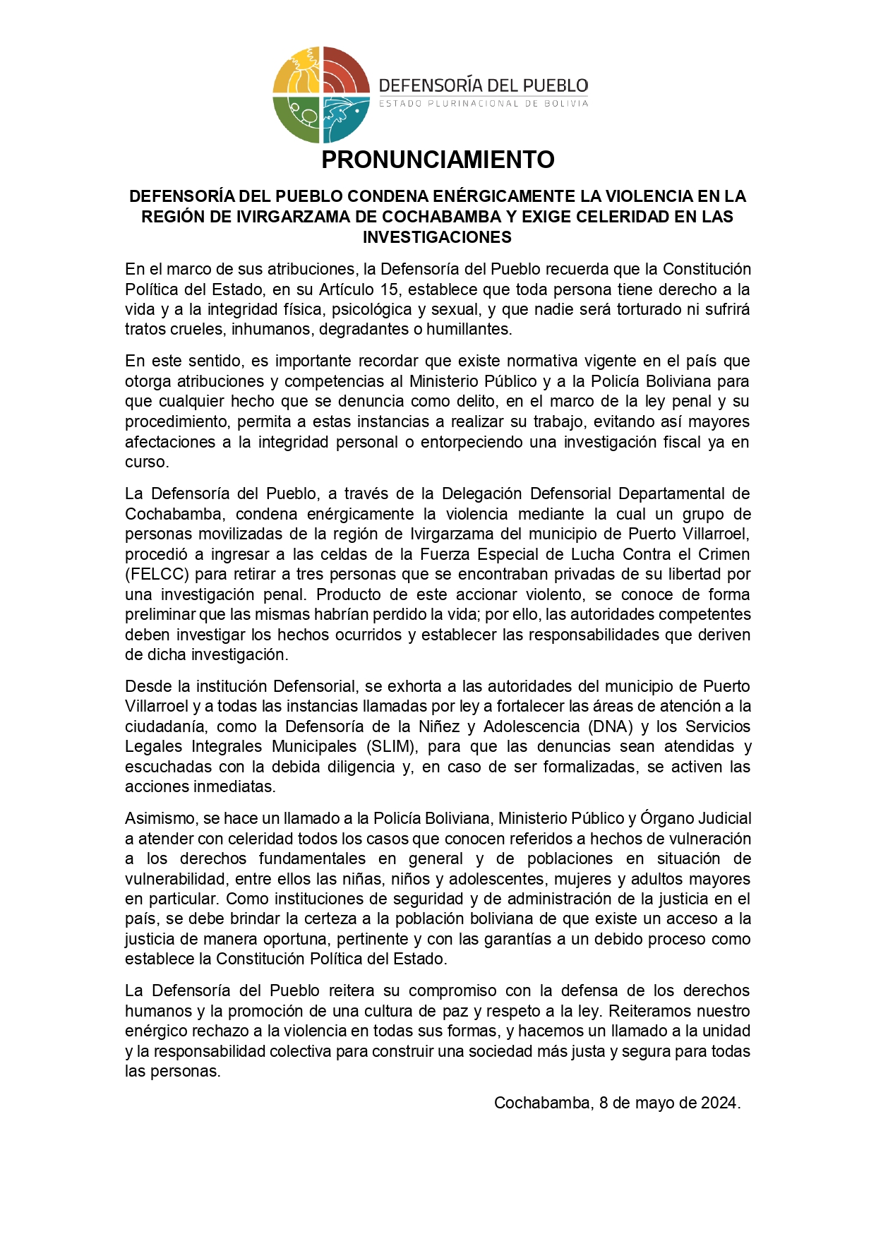 DEFENSORÍA DEL PUEBLO CONDENA ENÉRGICAMENTE LA VIOLENCIA EN LA REGIÓN DE IVIRGARZAMA DE COCHABAMBA Y EXIGE CELERIDAD EN LAS INVESTIGACIONES