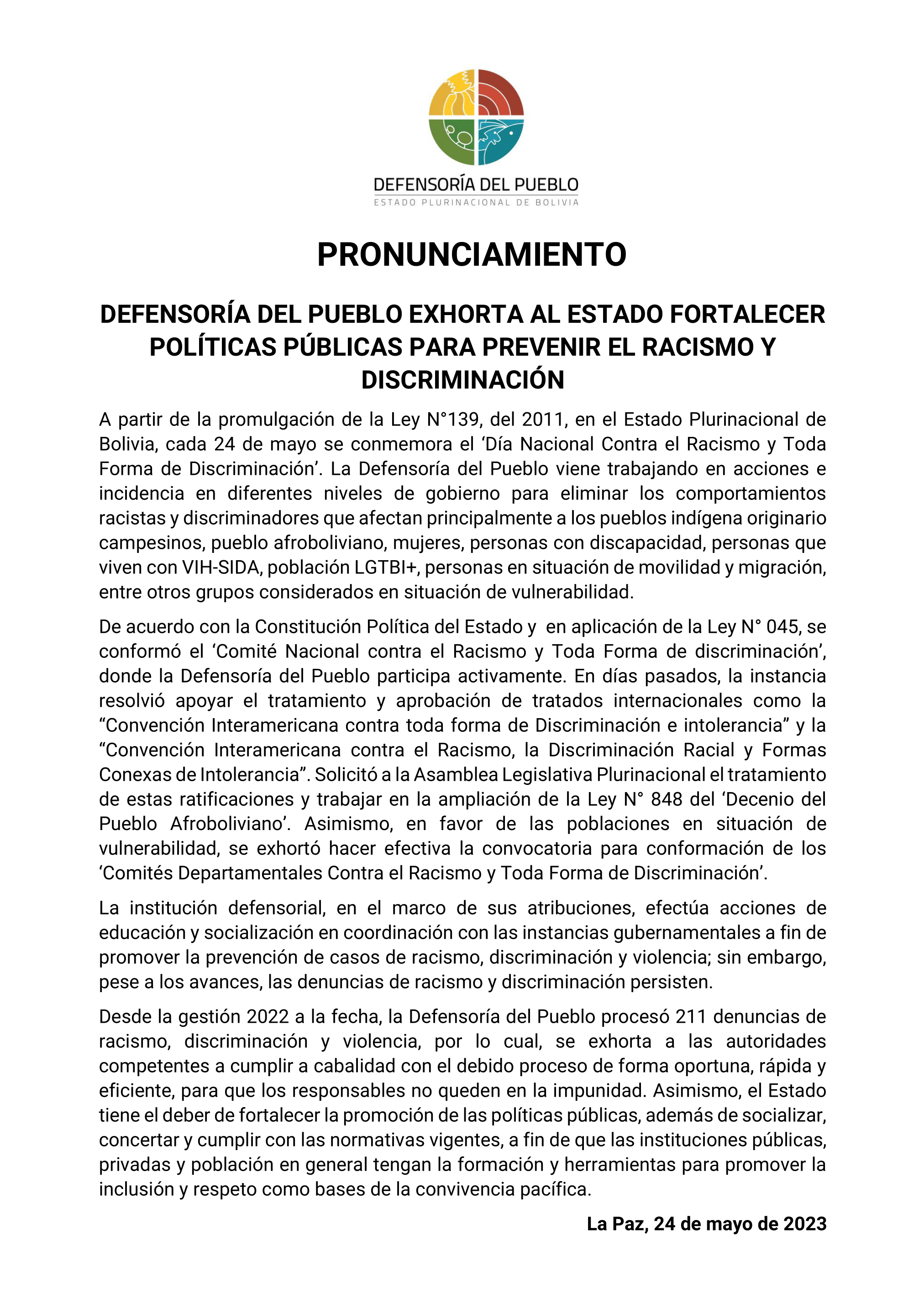 DEFENSORÍA DEL PUEBLO EXHORTA AL ESTADO FORTALECER POLÍTICAS PÚBLICAS PARA PREVENIR EL RACISMO Y DISCRIMINACIÓN