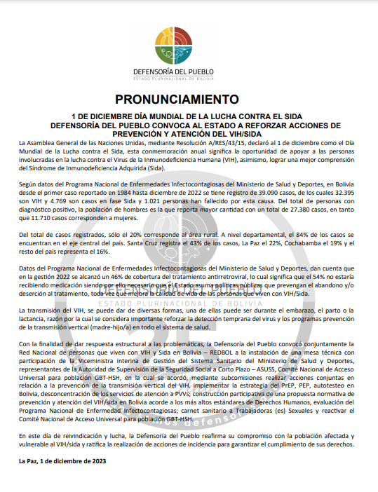 DEFENSORÍA DEL PUEBLO CONVOCA AL ESTADO A REFORZAR ACCIONES DE PREVENCIÓN Y ATENCIÓN DEL VIH/SIDA