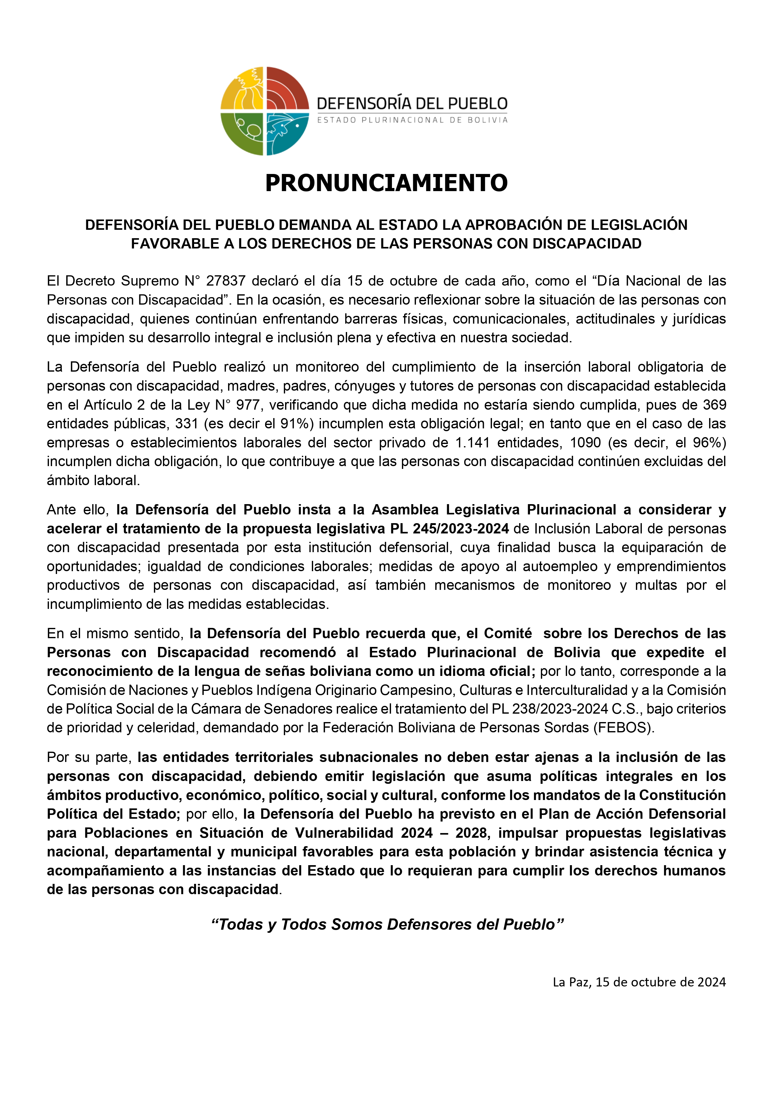 DEFENSORÍA DEL PUEBLO DEMANDA AL ESTADO LA APROBACIÓN DE LEGISLACIÓN FAVORABLE A LOS DERECHOS DE LAS PERSONAS CON DISCAPACIDAD