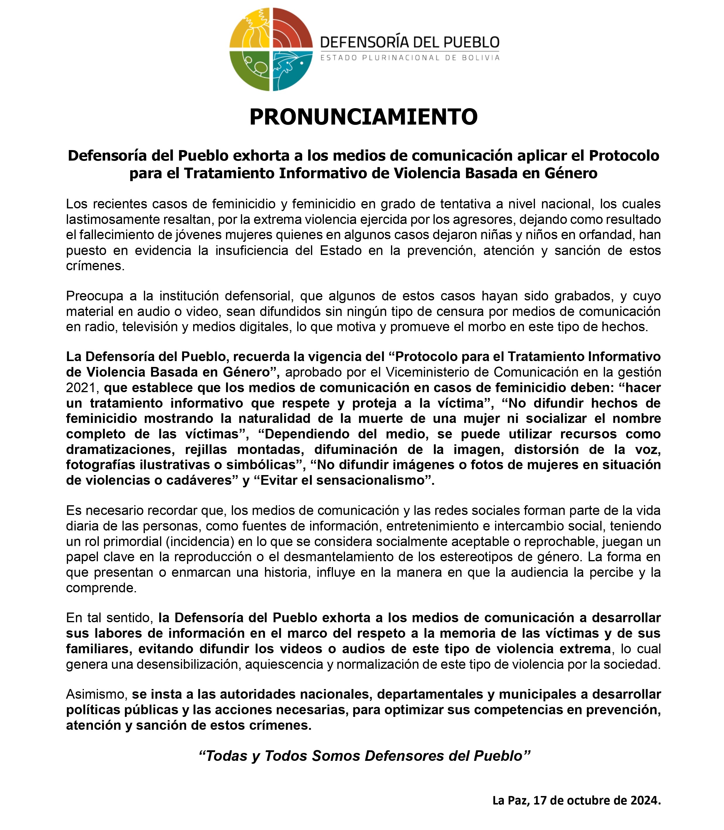 Defensoría del Pueblo exhorta a los medios de comunicación aplicar el Protocolo para el Tratamiento Informativo de Violencia Basada en Género