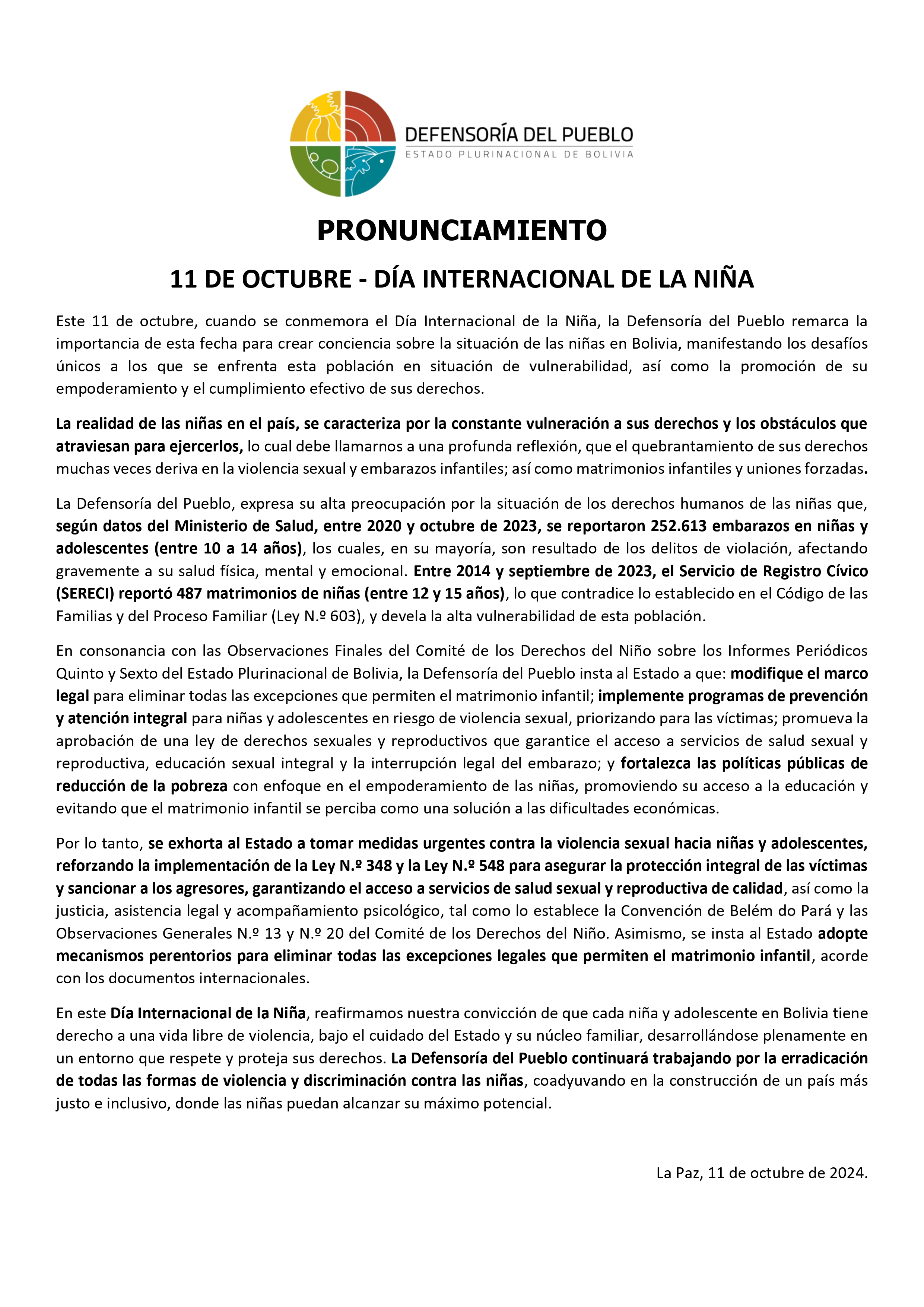 PRONUNCIAMIENTO 11 DE OCTUBRE - DÍA INTERNACIONAL DE LA NIÑA