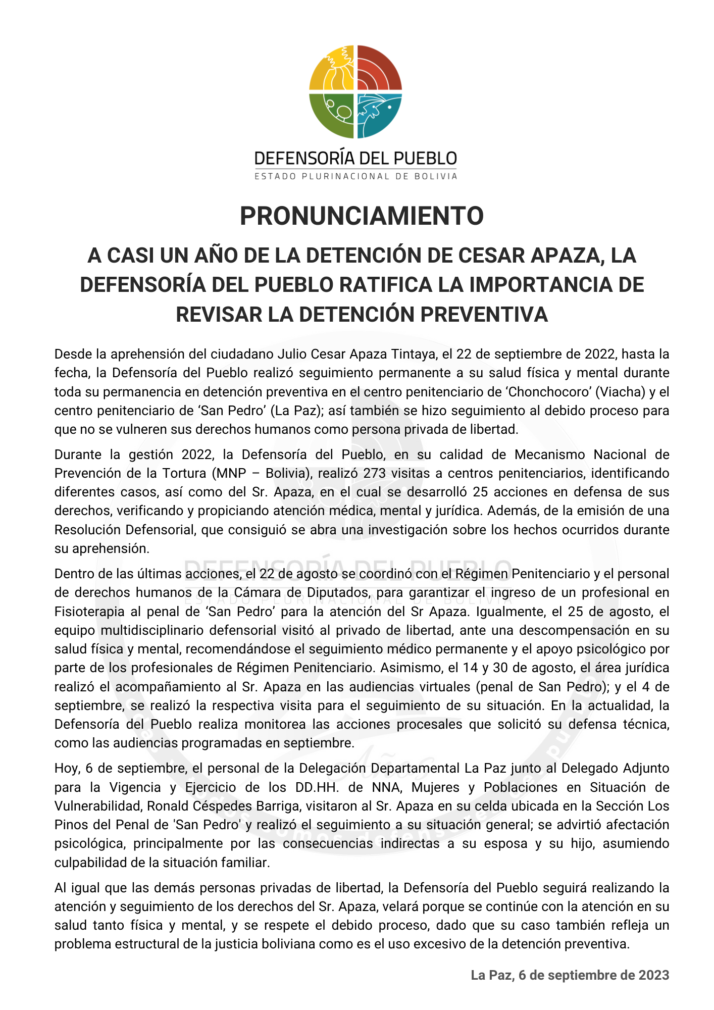 A CASI UN AÑO DE LA DETENCIÓN DE CESAR APAZA, LA DEFENSORÍA DEL PUEBLO RATIFICA LA IMPORTANCIA DE REVISAR LA DETENCIÓN PREVENTIVA