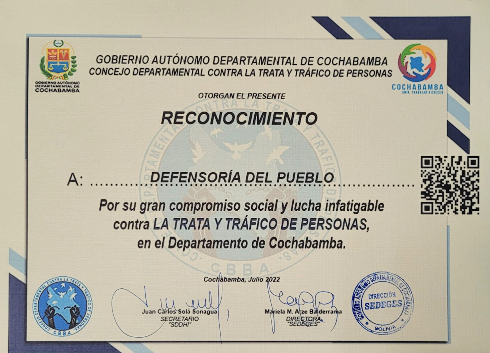 DEFENSORÍA DEL PUEBLO RECIBE RECONOCIMIENTO POR SU COMPROMISO SOCIAL Y LUCHA CONTRA LA TRATA Y TRÁFICO DE PERSONAS EN COCHABAMBA