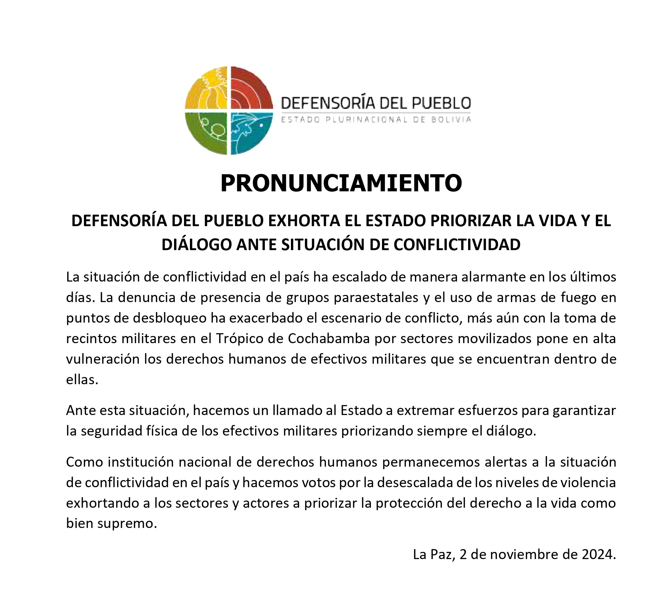 DEFENSORÍA DEL PUEBLO EXHORTA EL ESTADO PRIORIZAR LA VIDA Y EL DIÁLOGO ANTE SITUACIÓN DE CONFLICTIVIDAD