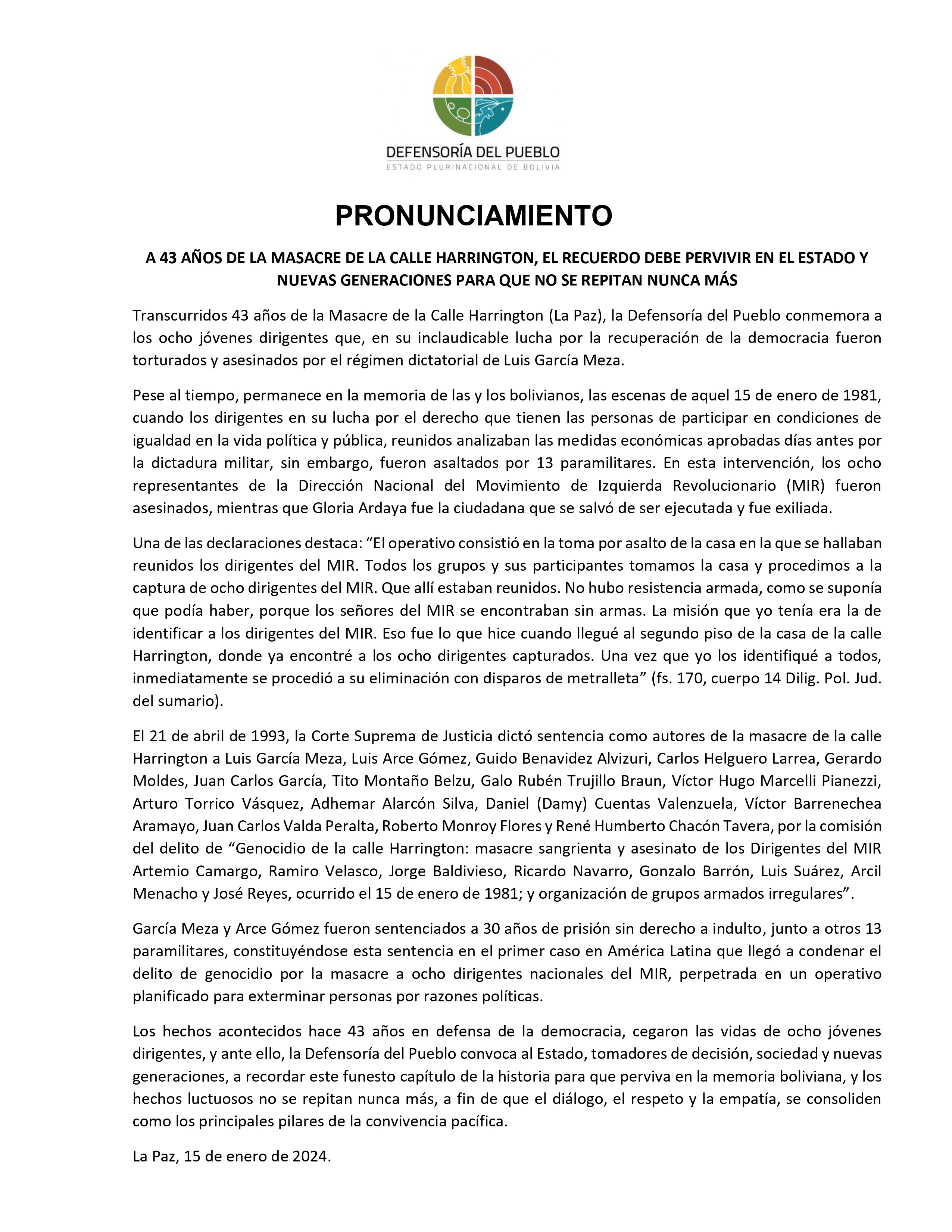 A 43 AÑOS DE LA MASACRE DE LA CALLE HARRINGTON, EL RECUERDO DEBE PERVIVIR EN EL ESTADO Y NUEVAS GENERACIONES PARA QUE NO SE REPITAN NUNCA MÁS