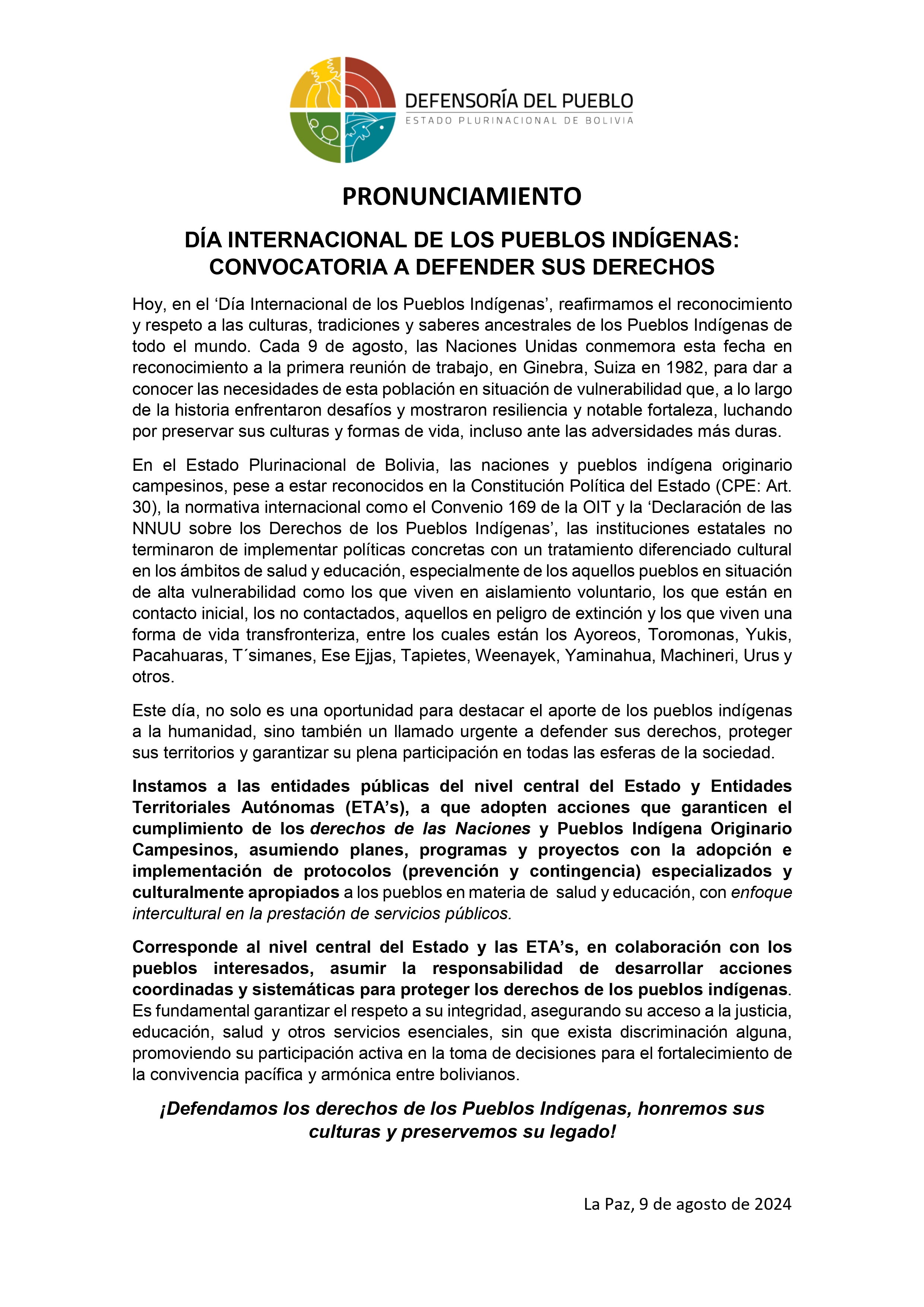 DÍA INTERNACIONAL DE LOS PUEBLOS INDÍGENAS: CONVOCATORIA A DEFENDER SUS DERECHOS