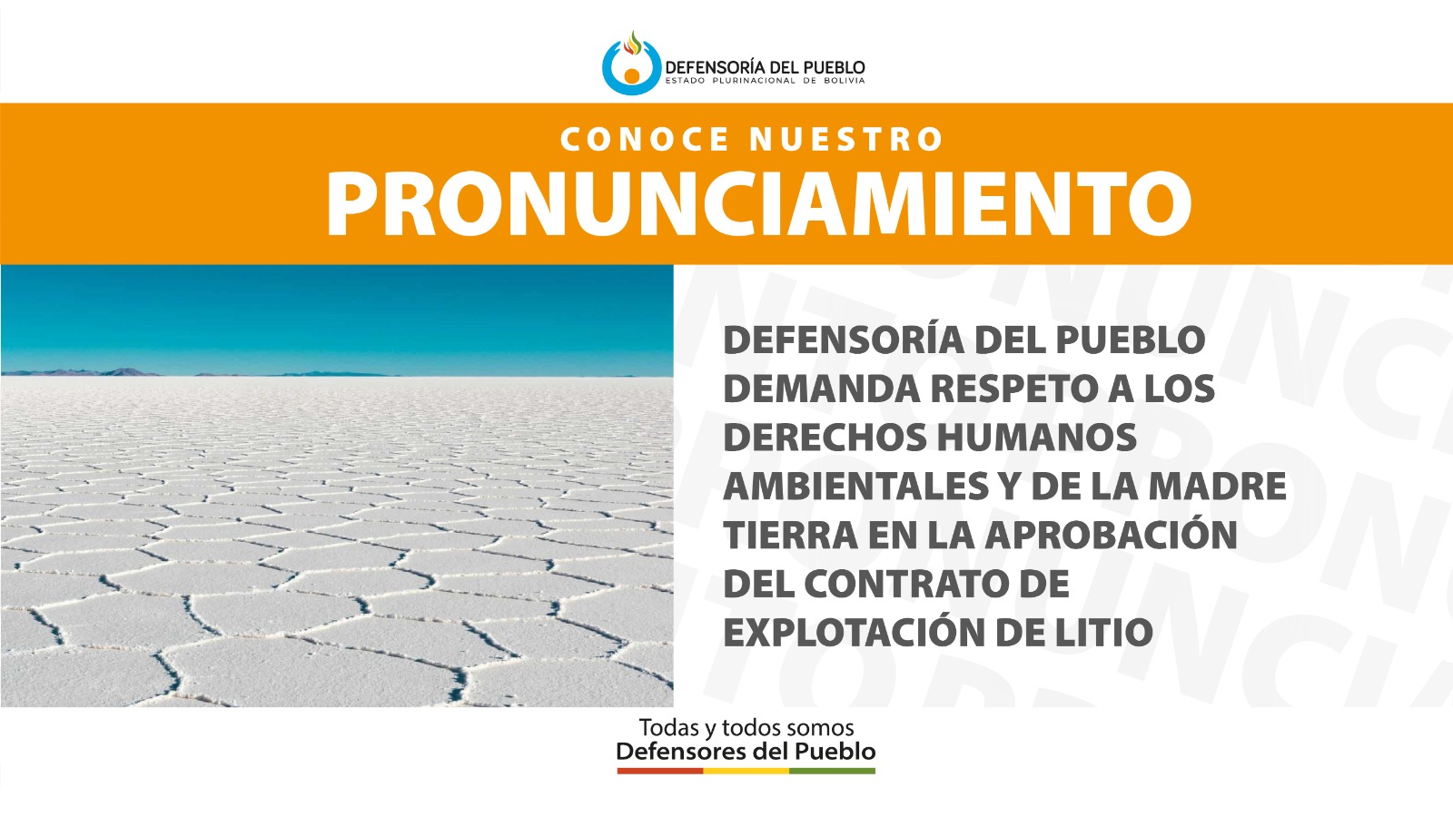 DEFENSORÍA DEL PUEBLO DEMANDA RESPETO A LOS DERECHOS HUMANOS AMBIENTALES Y DE LA MADRE TIERRA EN LA APROBACIÓN DEL CONTRATO DE EXPLOTACIÓN DE LITIO