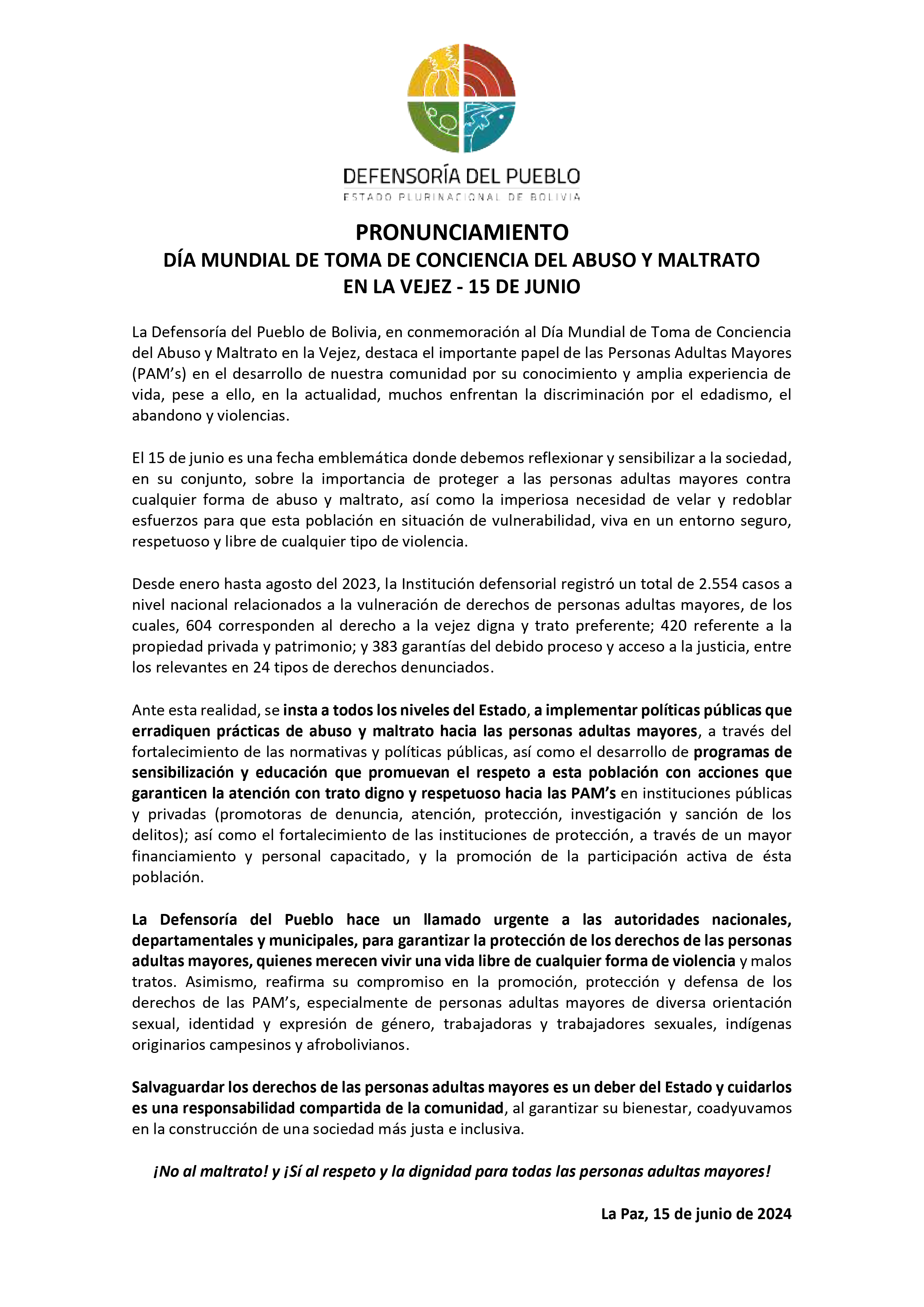 DÍA MUNDIAL DE TOMA DE CONCIENCIA DEL ABUSO Y MALTRATO EN LA VEJEZ