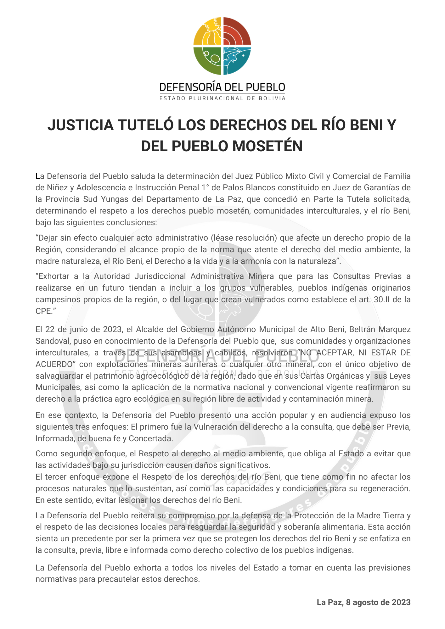 JUSTICIA TUTELÓ LOS DERECHOS DEL RÍO BENI Y DEL PUEBLO MOSETÉN