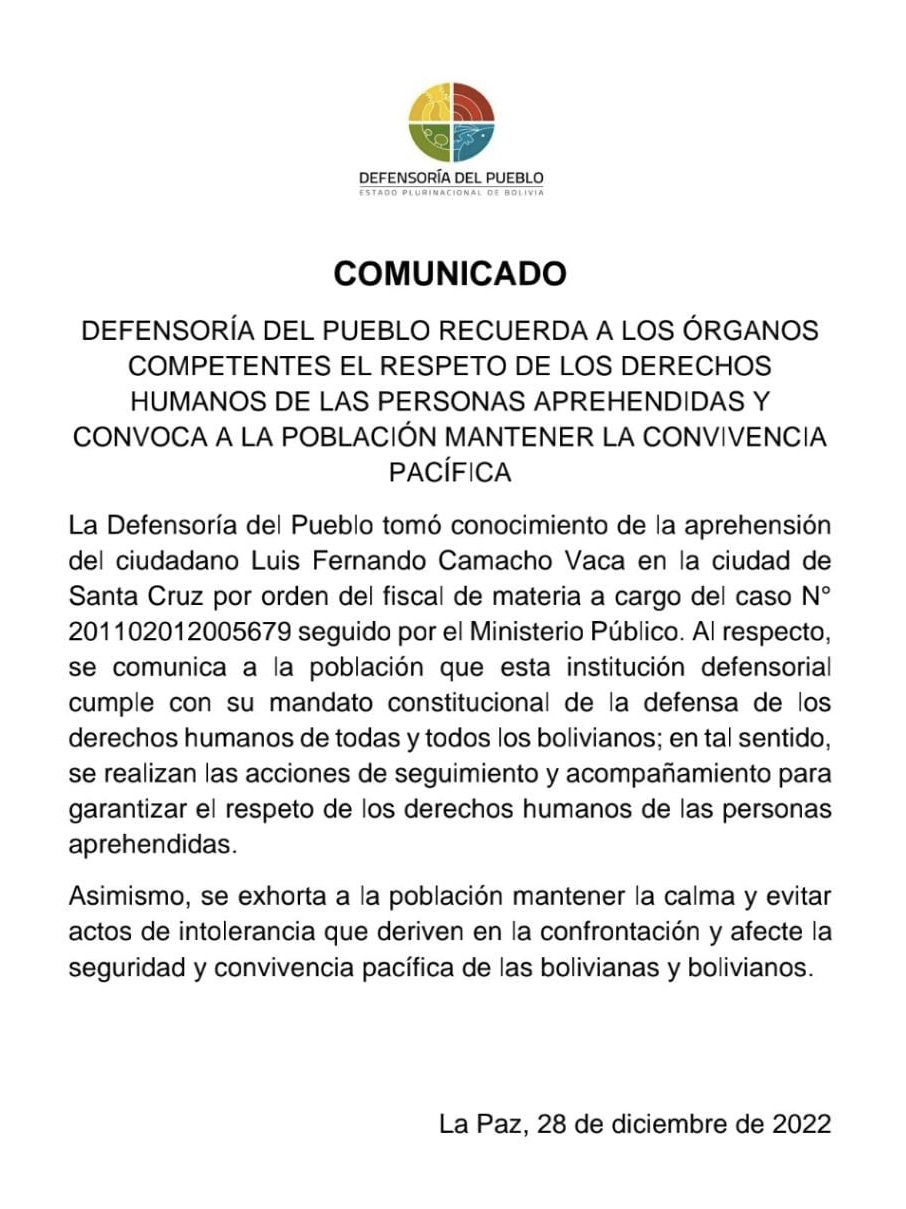 LA DEFENSORÍA DEL PUEBLO RECUERDA A LOS ÓRGANOS COMPETENTES EL RESPETO DE LOS DERECHOS HUMANOS DE LAS PERSONAS APREHENDIDAS Y CONVOCA A LA POBLACIÓN MANTENER LA CONVIVENCIA PACÍFICA