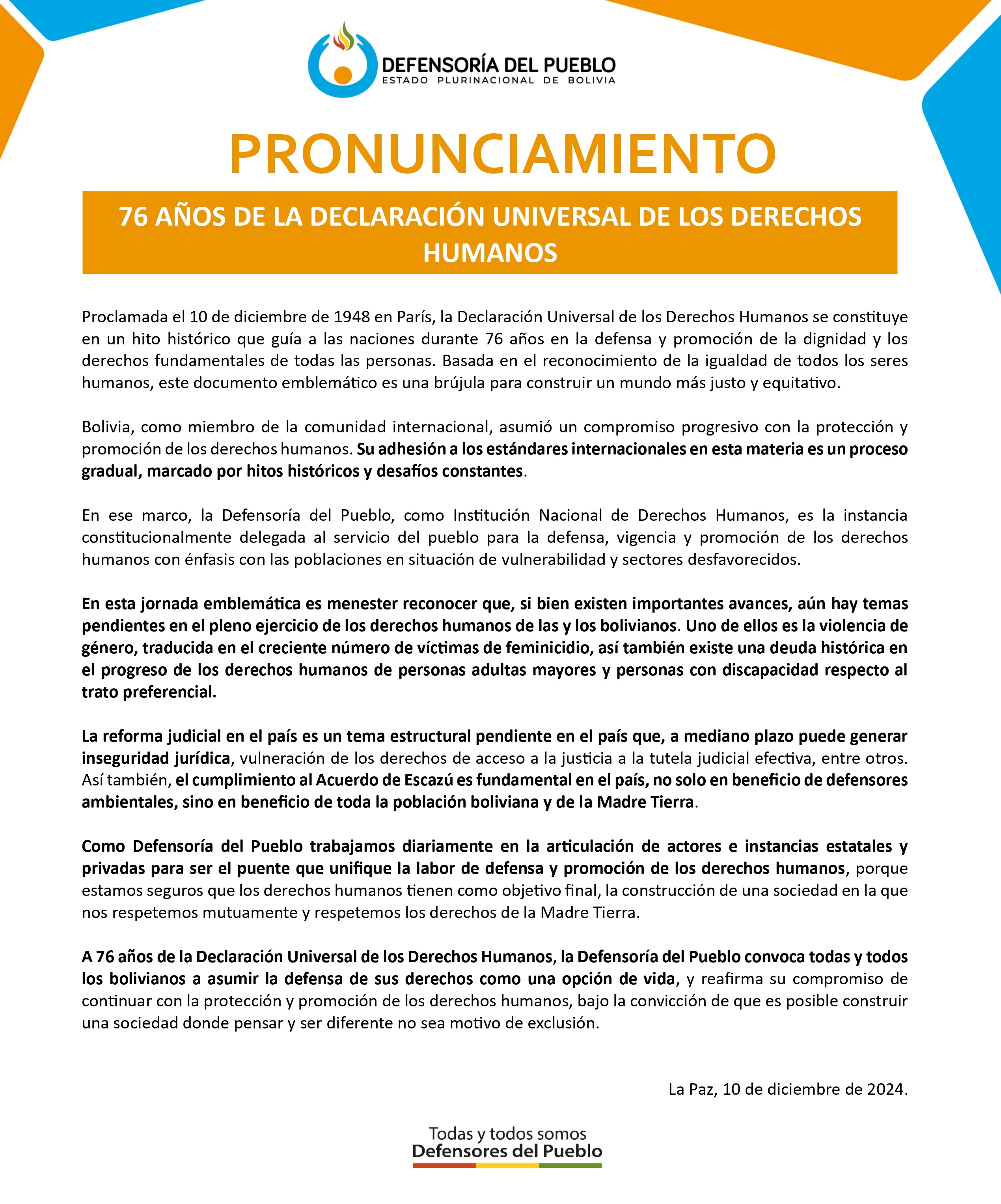 76 AÑOS DE LA DECLARACIÓN UNIVERSAL DE LOS DERECHOS HUMANOS