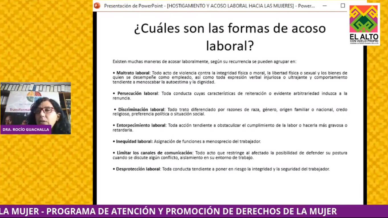 Defensoría del Pueblo realiza video conferencia sobre “Hostigamiento y Acoso Laboral hacia la Mujer” en coordinación con el municipio alteño