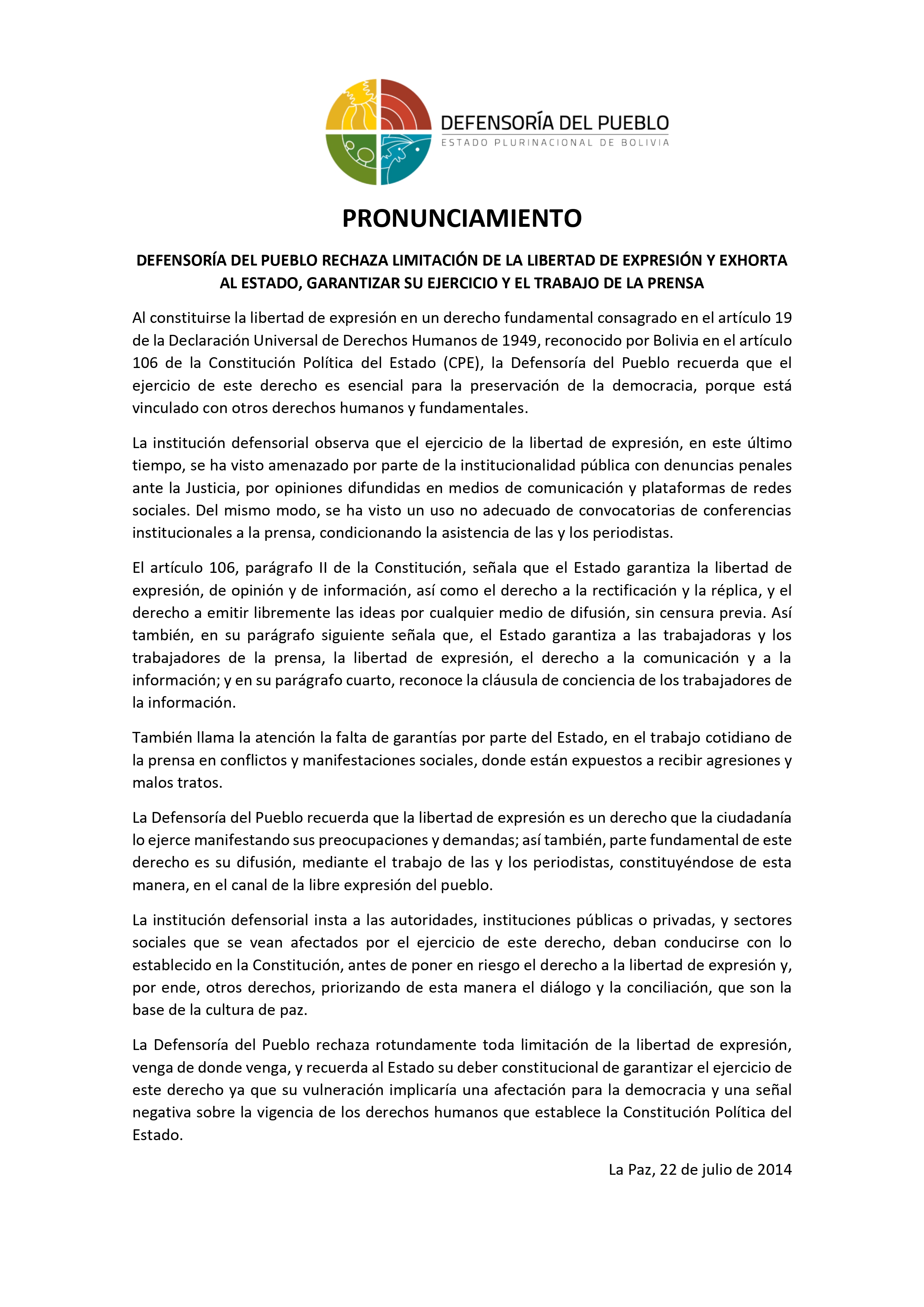 DEFENSORÍA DEL PUEBLO RECHAZA LIMITACIÓN DE LA LIBERTAD DE EXPRESIÓN Y EXHORTA AL ESTADO, GARANTIZAR SU EJERCICIO Y EL TRABAJO DE LA PRENSA