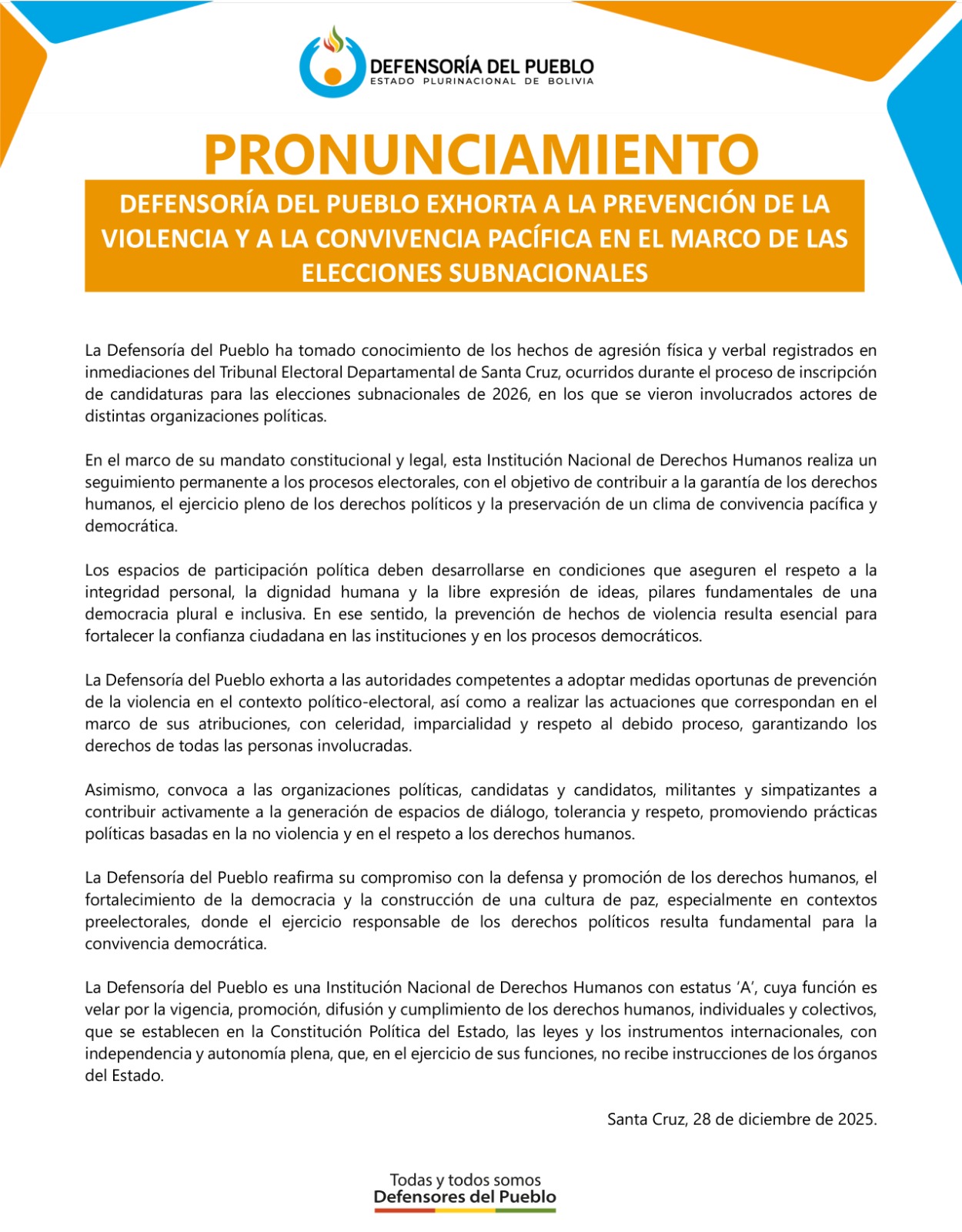 DEFENSORIA DEL PUEBLO EXHORTA A LA PREVENCIÓN DE LA VIOLENCIA Y LA CONVIVENCIA PACÍFICA EN EL MARCO DE LAS ELECCIONES SUBNACIONALES.