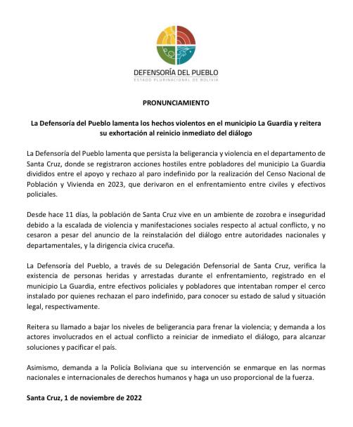 La Defensoría del Pueblo lamenta los hechos violentos en el municipio La Guardia y reitera su exhortación al reinicio inmediato del diálogo