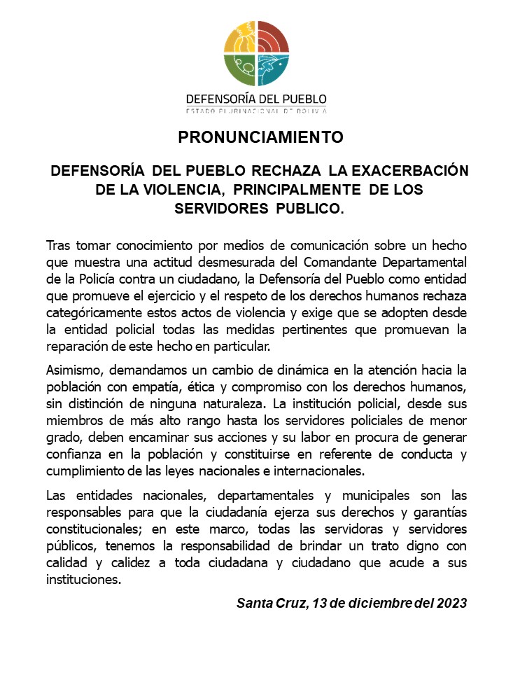 DEFENSORÍA DEL PUEBLO RECHAZA LA EXACERBACIÓN DE LA VIOLENCIA, PRINCIPALMENTE DE LOS SERVIDORES PUBLICO.