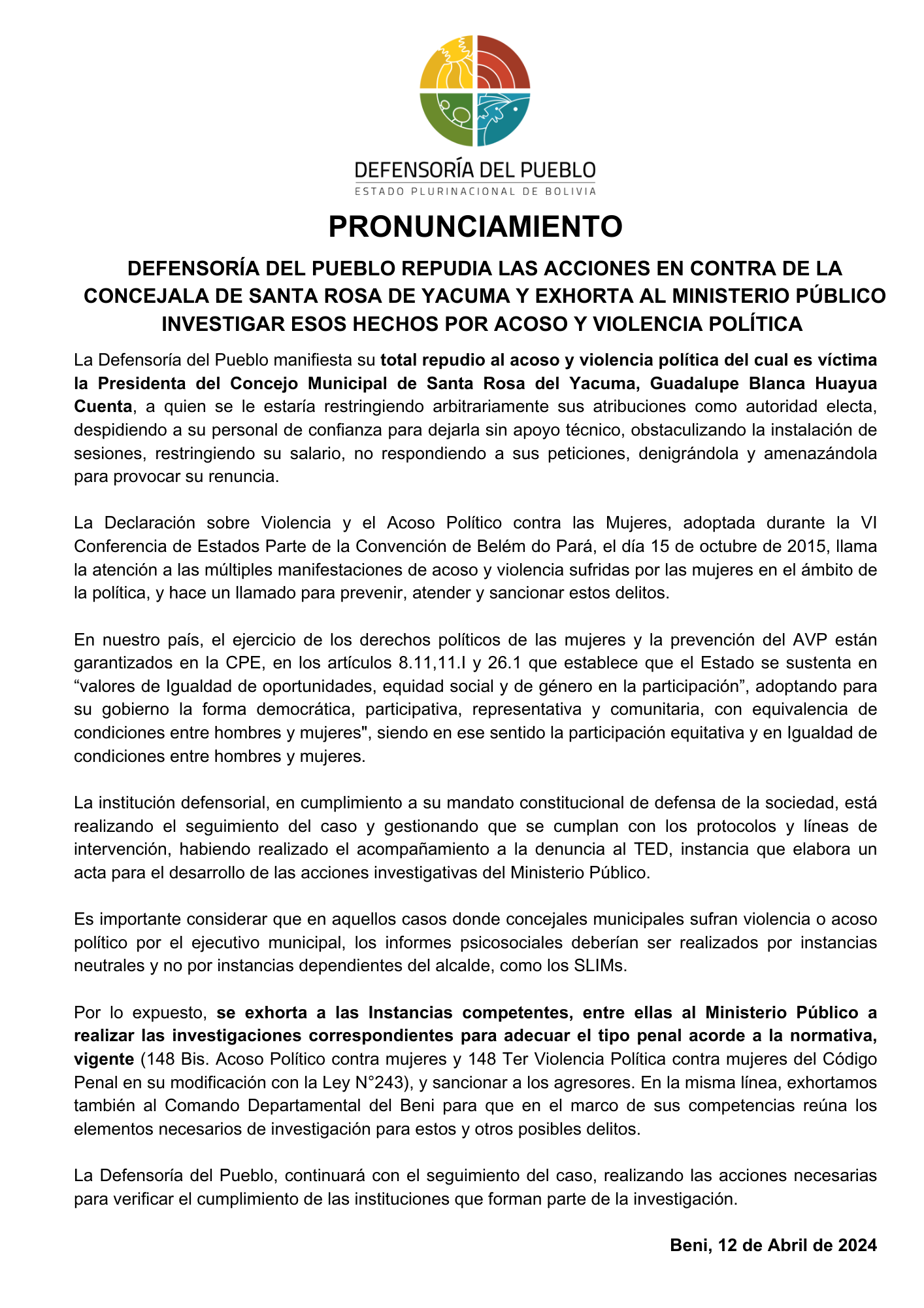 DEFENSORÍA DEL PUEBLO REPUDIA LAS ACCIONES EN CONTRA DE LA CONCEJALA DE SANTA ROSA DE YACUMA Y EXHORTA AL MINISTERIO PÚBLICO INVESTIGAR ESOS HECHOS POR ACOSO Y VIOLENCIA POLÍTICA