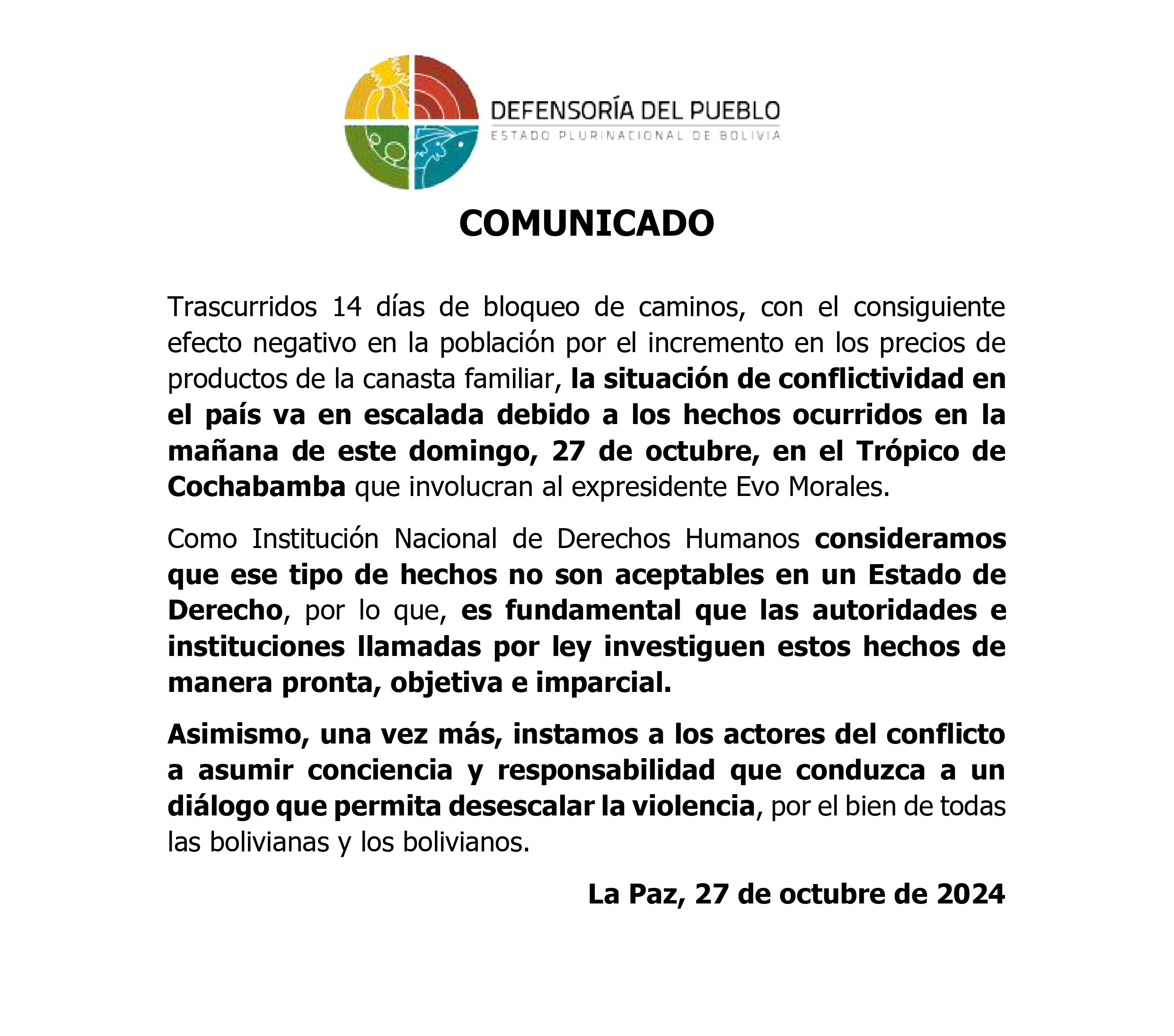 COMUNICADO ANTE LA SITUACIÓN DE CONFLICTIVIDAD EN EL PAÍS