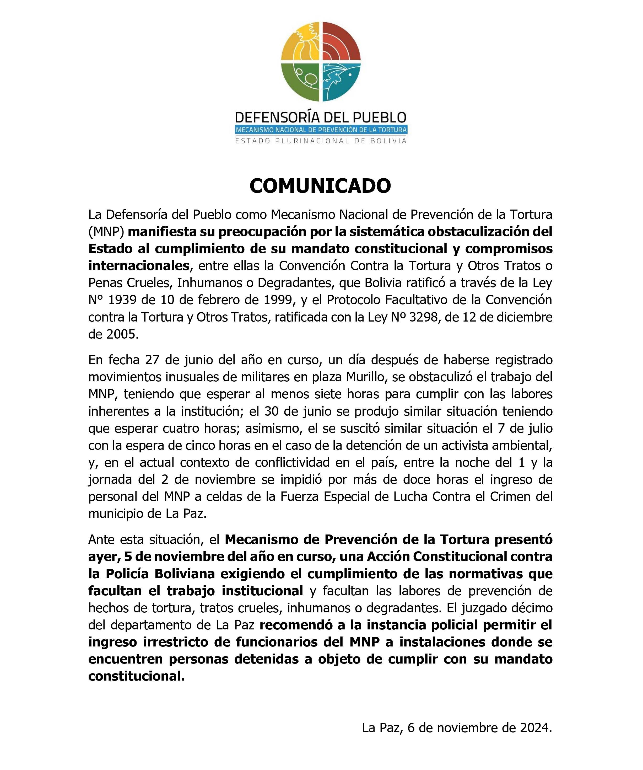 COMUNICADO DEL MECANISMO NACIONAL DE PREVENCIÓN DE LA TORTURA