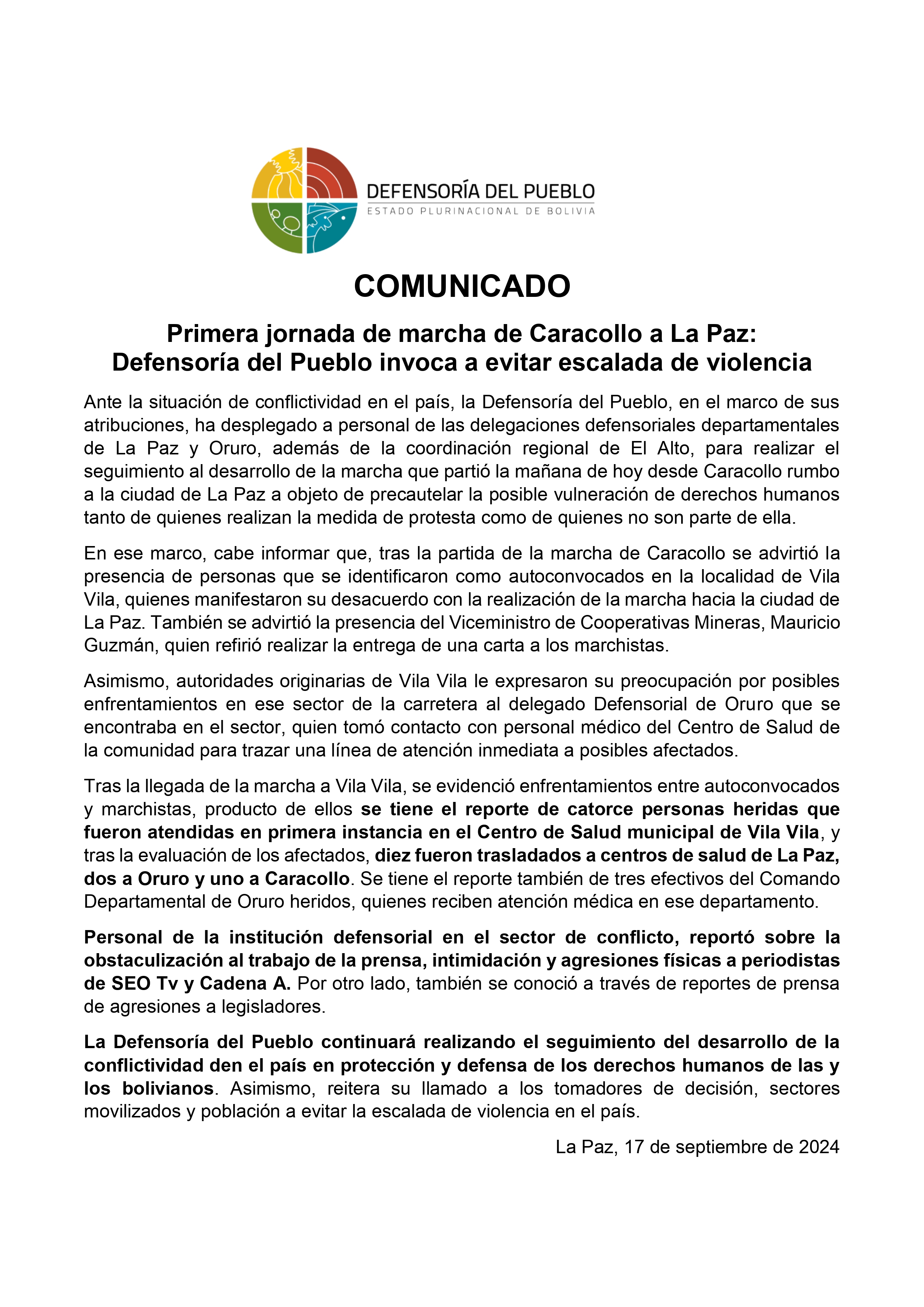 Primera jornada de marcha de Caracollo a La Paz: Defensoría del Pueblo invoca a evitar escalada de violencia