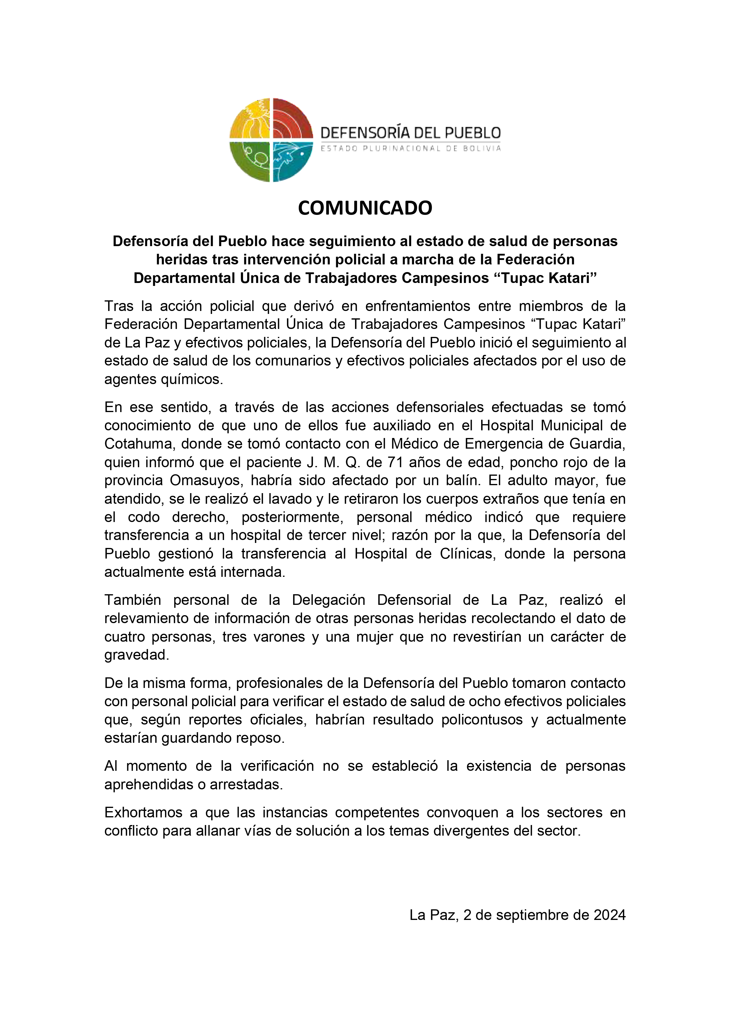 Defensoría del Pueblo hace seguimiento al estado de salud de personas heridas tras intervención policial a marcha de la Federación Departamental Única de Trabajadores Campesinos “Tupac Katari”