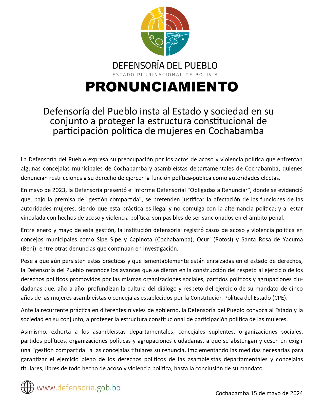 Defensoría del Pueblo insta al Estado y sociedad en su conjunto a proteger la estructura constitucional de participación política de mujeres en Cochabamba