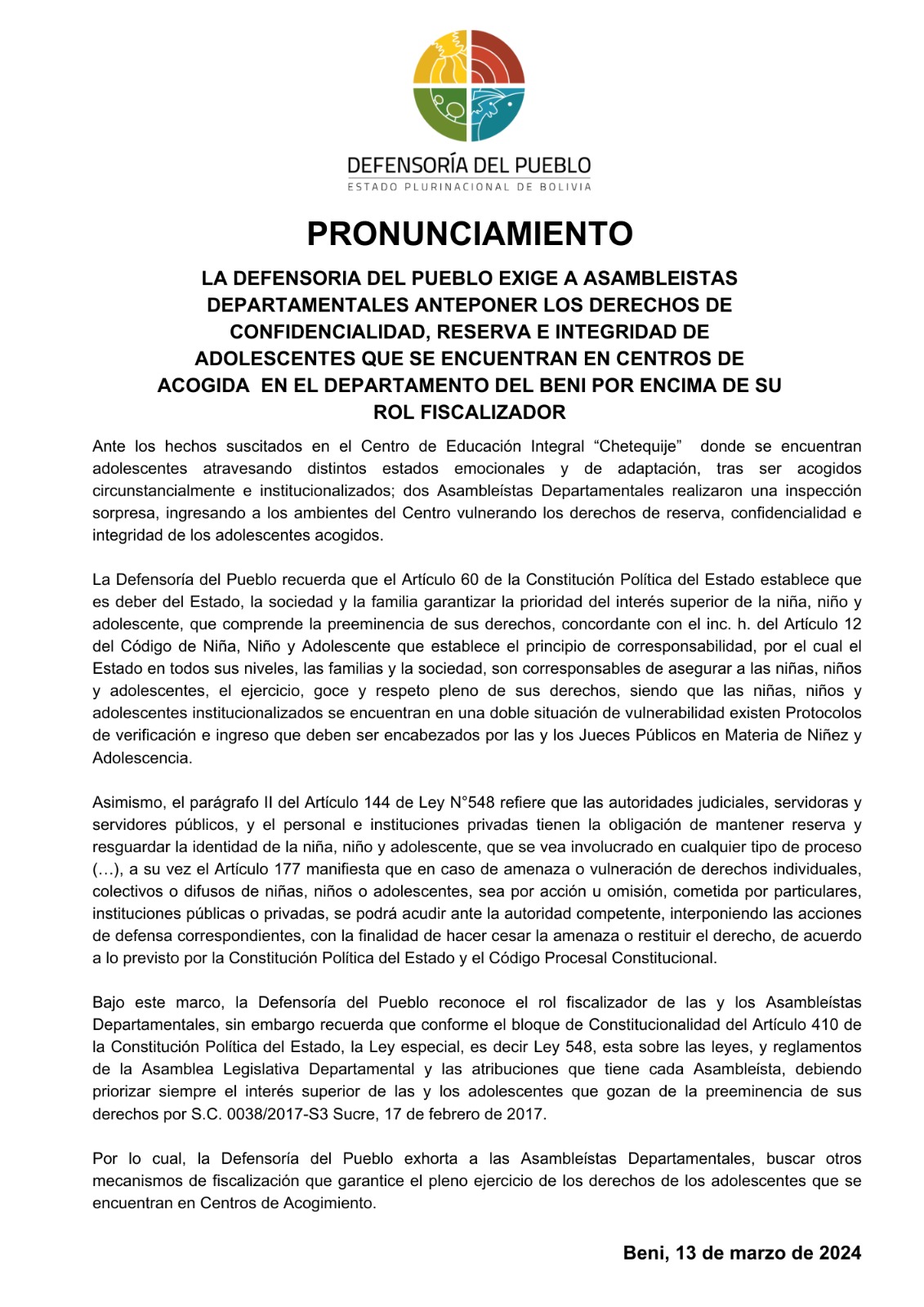 DEFENSORÍA DEL PUEBLO EXIGE A ASAMBLEÍSTAS DEPARTAMENTALES ANTEPONER LOS DERECHOS DE CONFIDENCIALIDAD, RESERVA E INTEGRIDAD DE ADOLESCENTES QUE SE ENCUENTRAN EN CENTROS DE ACOGIDA EN EL DEPARTAMENTO DEL BENI POR ENCIMA DE SU ROL FISCALIZADOR