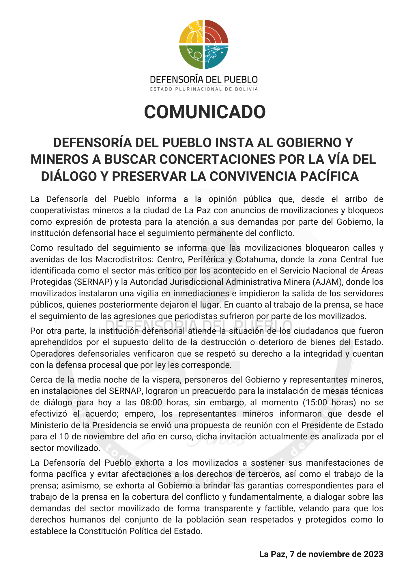 DEFENSORÍA DEL PUEBLO INSTA AL GOBIERNO Y MINEROS A BUSCAR CONCERTACIONES POR LA VÍA DEL DIÁLOGO Y PRESERVAR LA CONVIVENCIA PACÍFICA