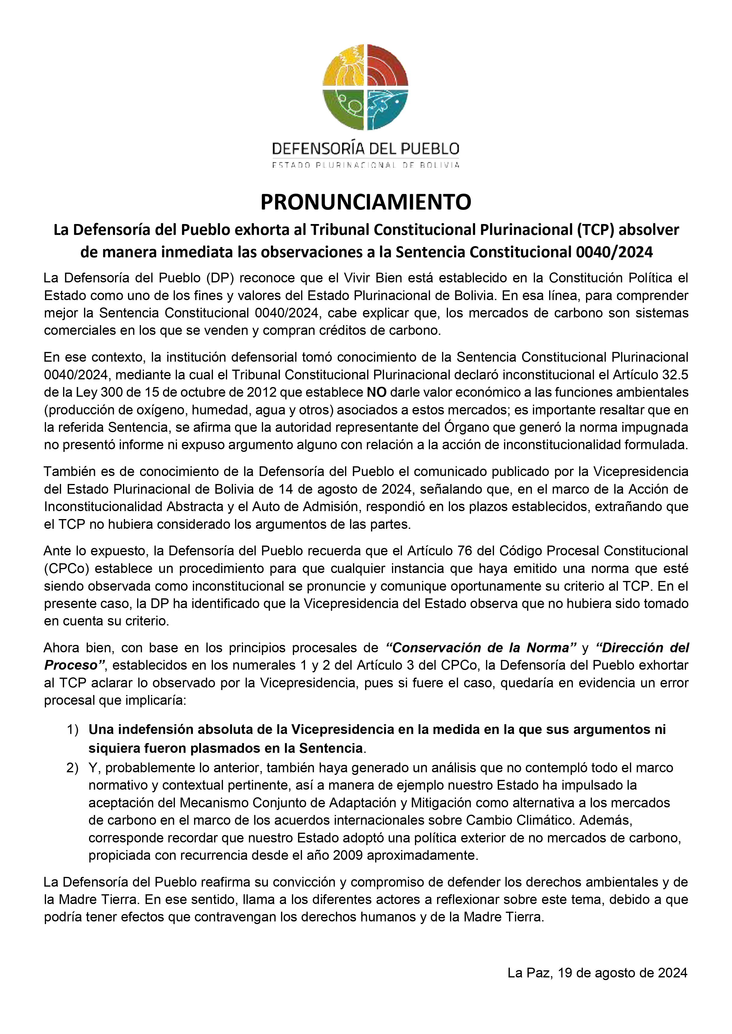 La Defensoría del Pueblo exhorta al Tribunal Constitucional Plurinacional (TCP) absolver de manera inmediata las observaciones a la Sentencia Constitucional 0040/2024