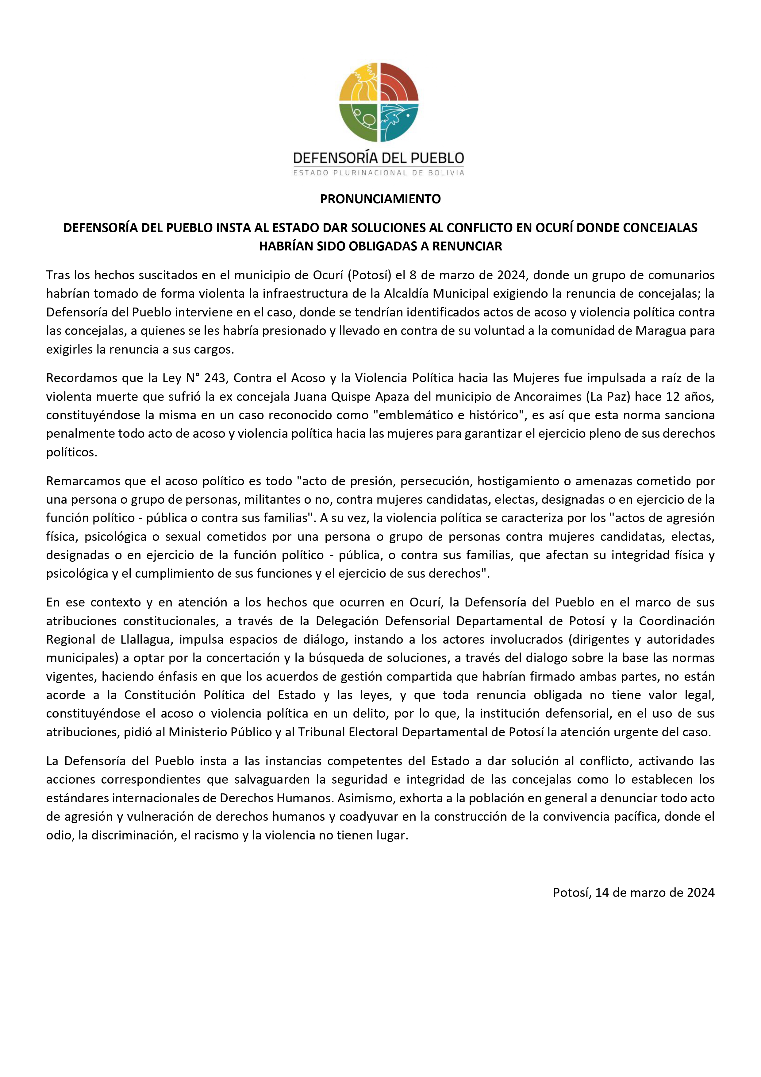 DEFENSORÍA DEL PUEBLO INSTA AL ESTADO DAR SOLUCIONES AL CONFLICTO EN OCURÍ DONDE CONCEJALAS HABRÍAN SIDO OBLIGADAS A RENUNCIAR