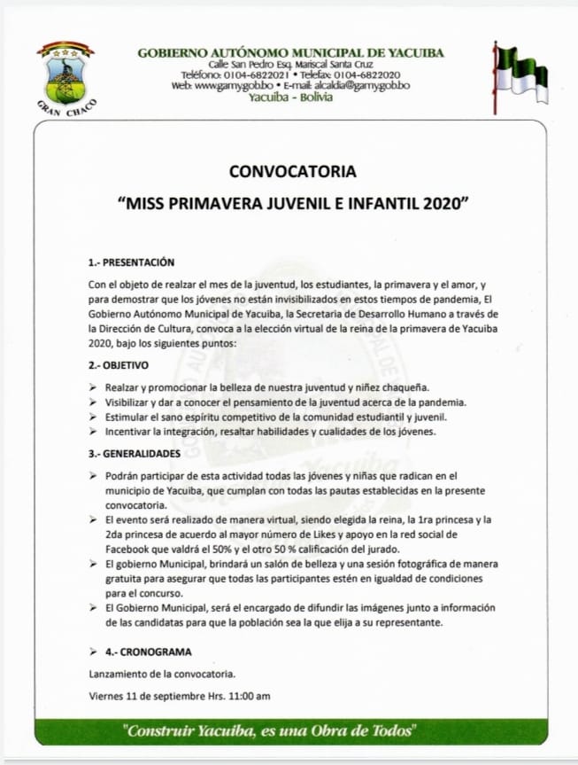 Defensoría del Pueblo condena la exposición de niñas y adolescentes en evento virtual de belleza organizado por el municipio de Yacuiba