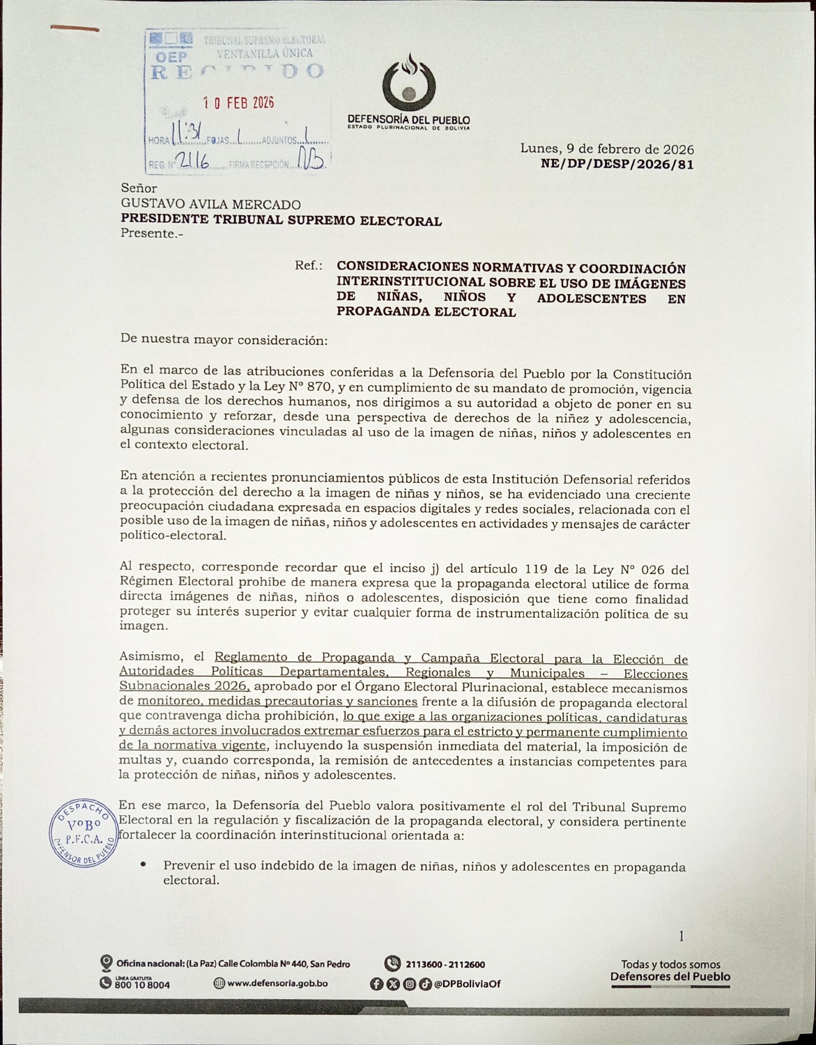 DEFENSORÍA DEL PUEBLO INSTA AL TRIBUNAL SUPREMO ELECTORAL A PROTEGER LOS DERECHOS DE LA NIÑEZ EN LA PROPAGANDA ELECTORAL