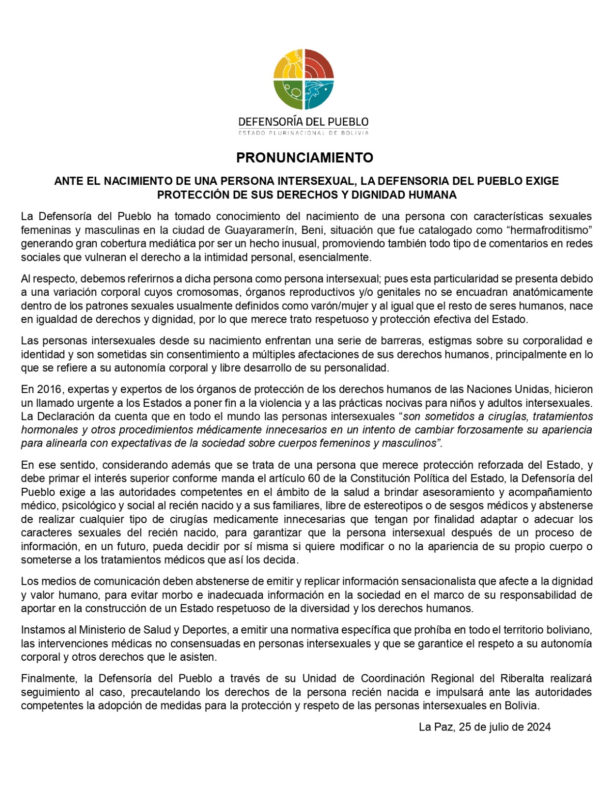 ANTE EL NACIMIENTO DE UNA PERSONA INTERSEXUAL, LA DEFENSORIA DEL PUEBLO EXIGE PROTECCIÓN DE SUS DERECHOS Y DIGNIDAD HUMANA