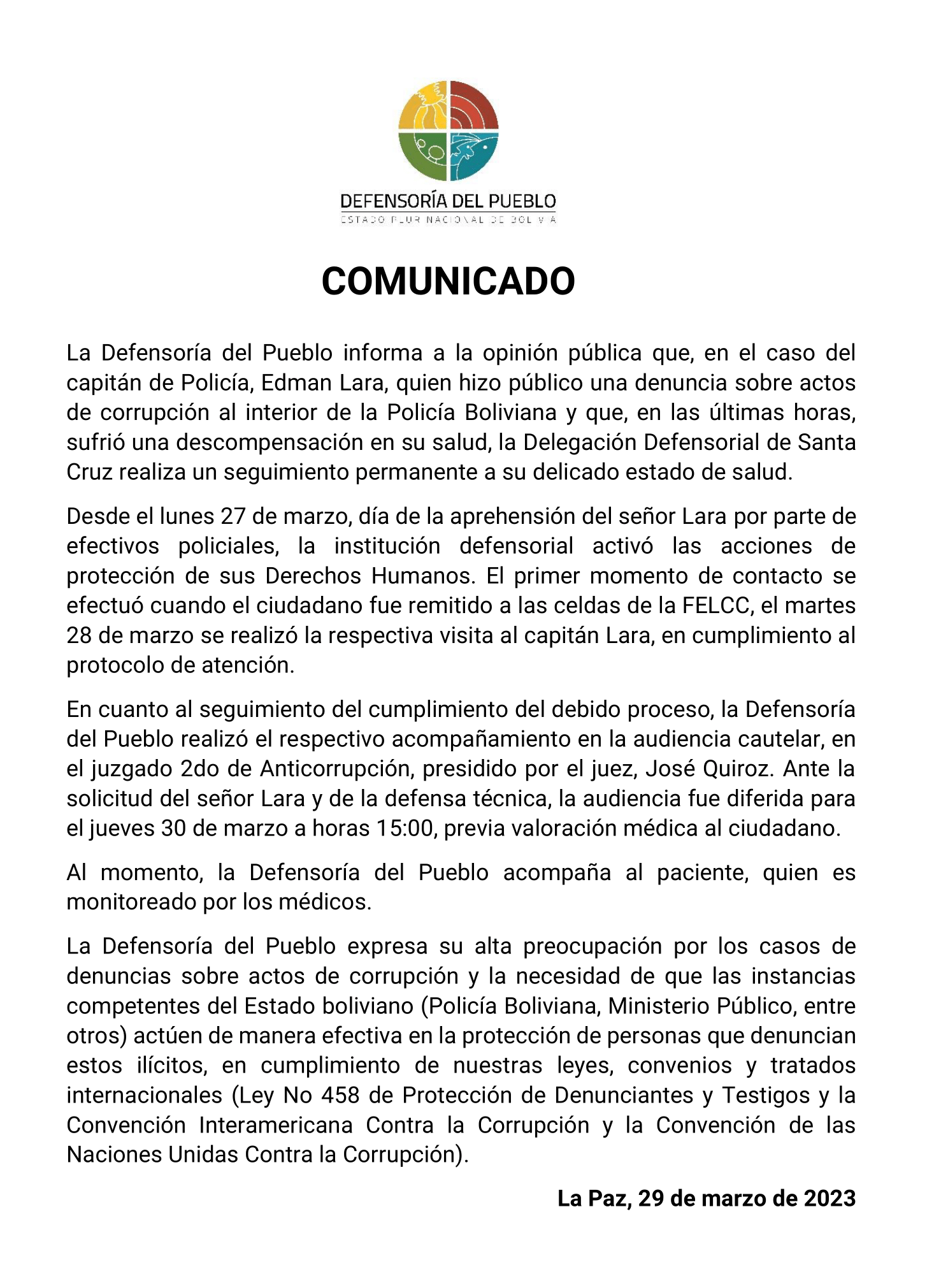 Defensoría del Pueblo realiza seguimiento a estado de salud de Edman Lara