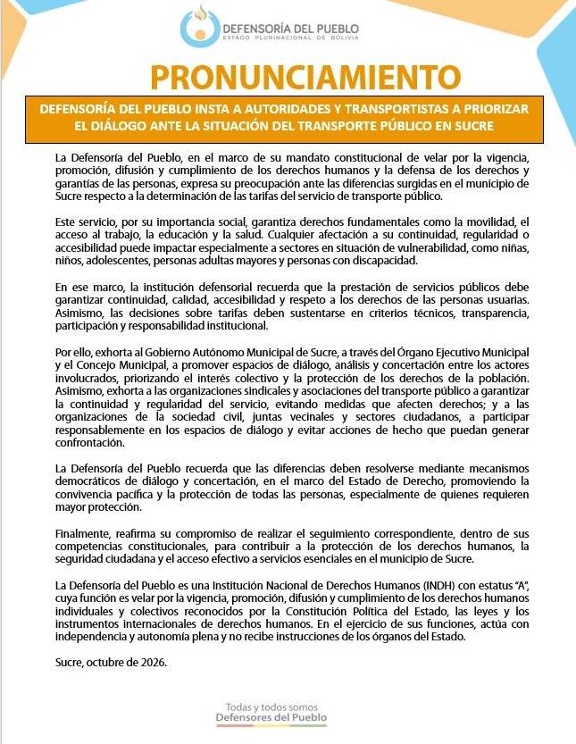 DEFENSORÍA DEL PUEBLO INSTA A AUTORIDADES Y TRANSPORTISTAS A PRIORIZAR EL DIÁLOGO ANTE LA SITUACIÓN DEL TRANSPORTE PÚBLICO EN SUCRE