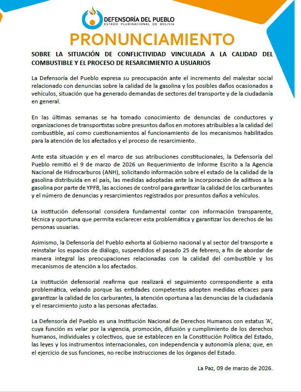 SOBRE LA SITUACIÓN DE CONFLICTIVIDAD VINCULADA A LA CALIDAD DEL COMBUSTIBLE Y EL PROCESO DE RESARCIMIENTO A USUARIOS