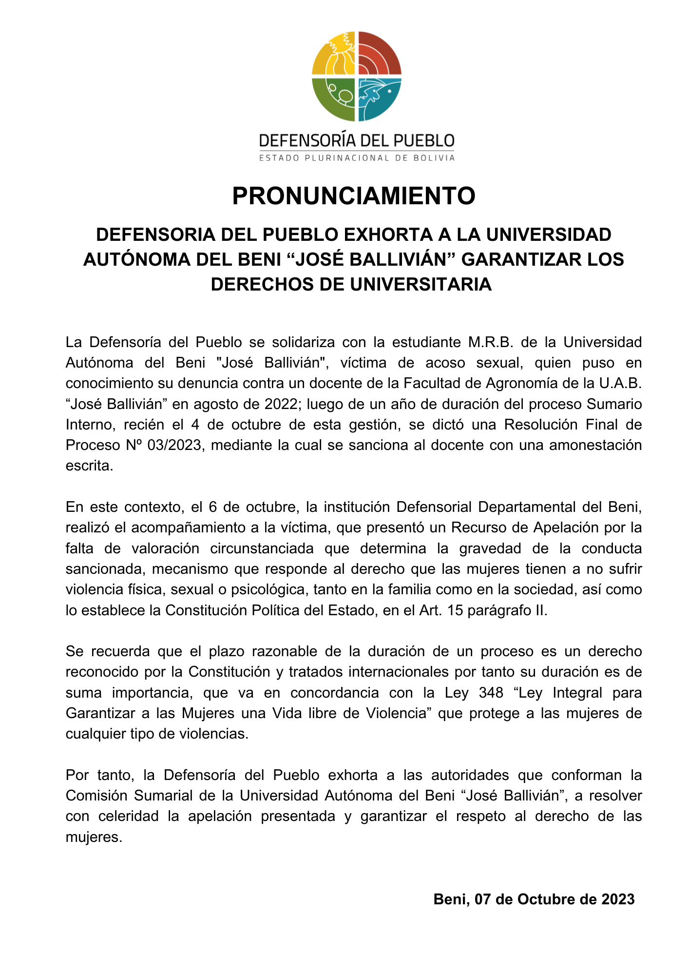 PRONUNCIAMIENTO: DEFENSORIA DEL PUEBLO EXHORTA A LA UNIVERSIDAD AUTÓNOMA DEL BENI “JOSE BALLIVIAN” GARANTIZAR LOS DERECHOS  DE UNIVERSITARIA