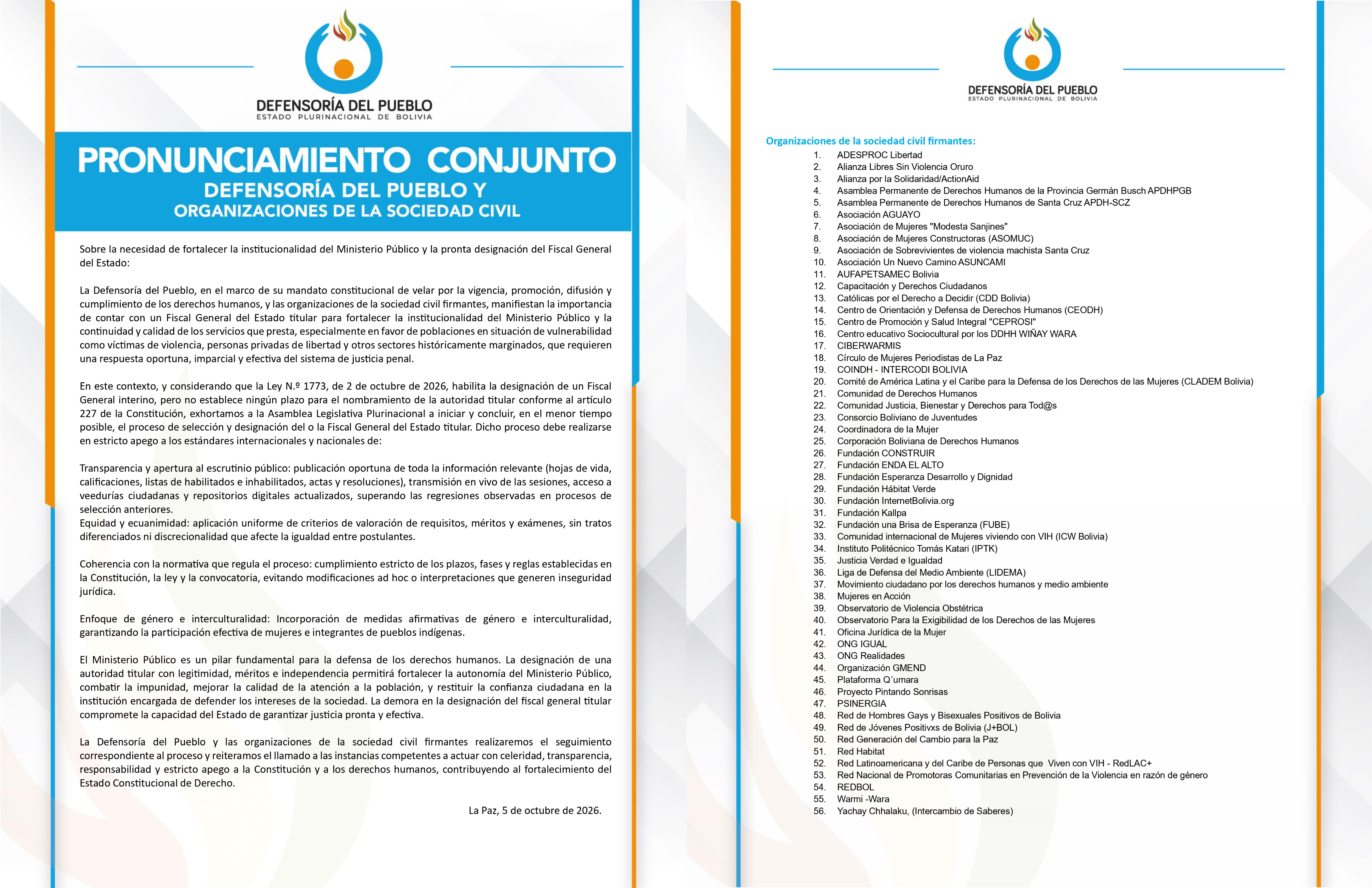 Defensoría del Pueblo y Organizaciones de la Sociedad Civil - Pronunciamiento Conjunto