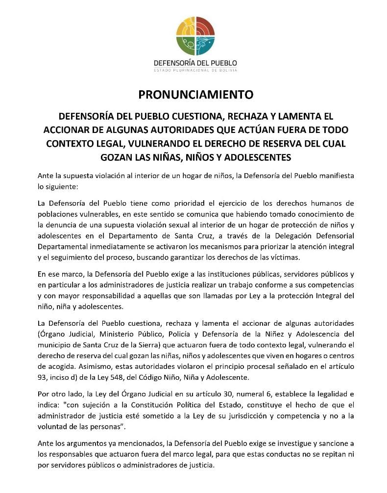 PRONUNCIAMIENTO DEFENSORÍA DEL PUEBLO CUESTIONA, RECHAZA Y LAMENTA EL ACCIONAR DE ALGUNAS AUTORIDADES  QUE ACTUARON FUERA DE TODO CONTEXTO LEGAL, VULNERANDO EL DERECHO DE RESERVA DEL CUAL GOZAN LAS NIÑAS, NIÑOS Y ADOLESCENTES